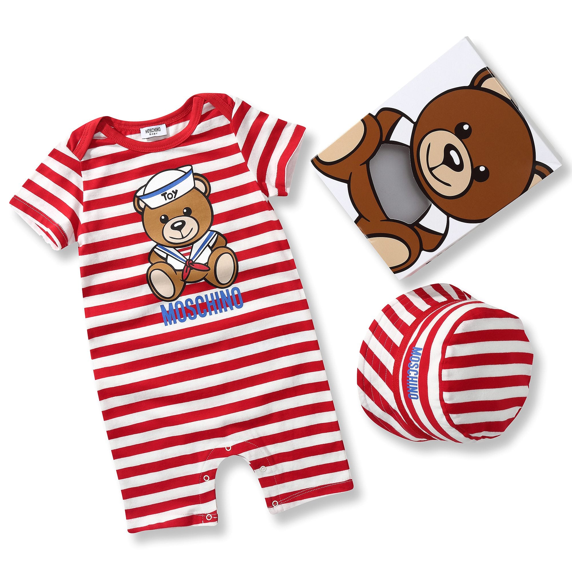 Baby Girls Red Stripes Cotton Teddy Bear Babysuit