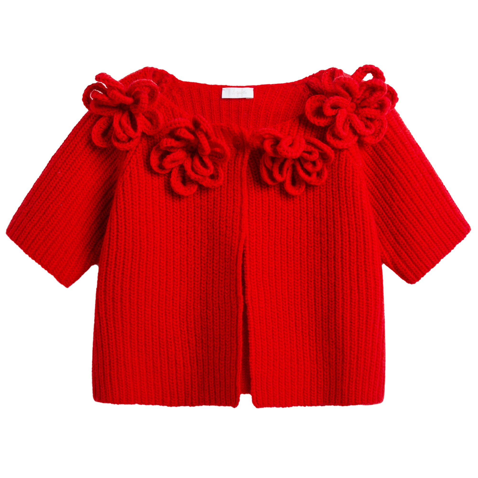 Girls Red Wool Cardigan With Flower Trims