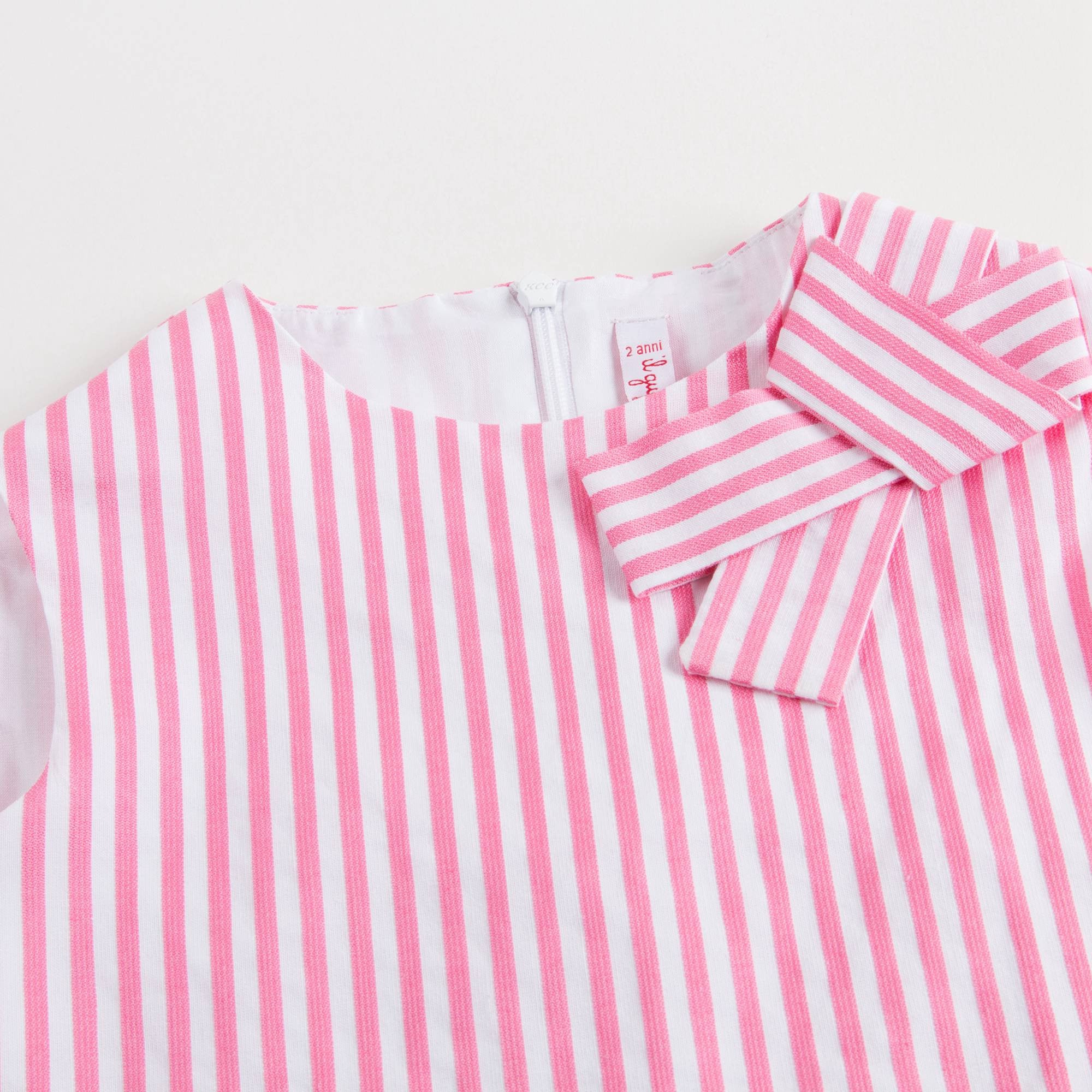 Girls Pink & White Striped Dress With Bow