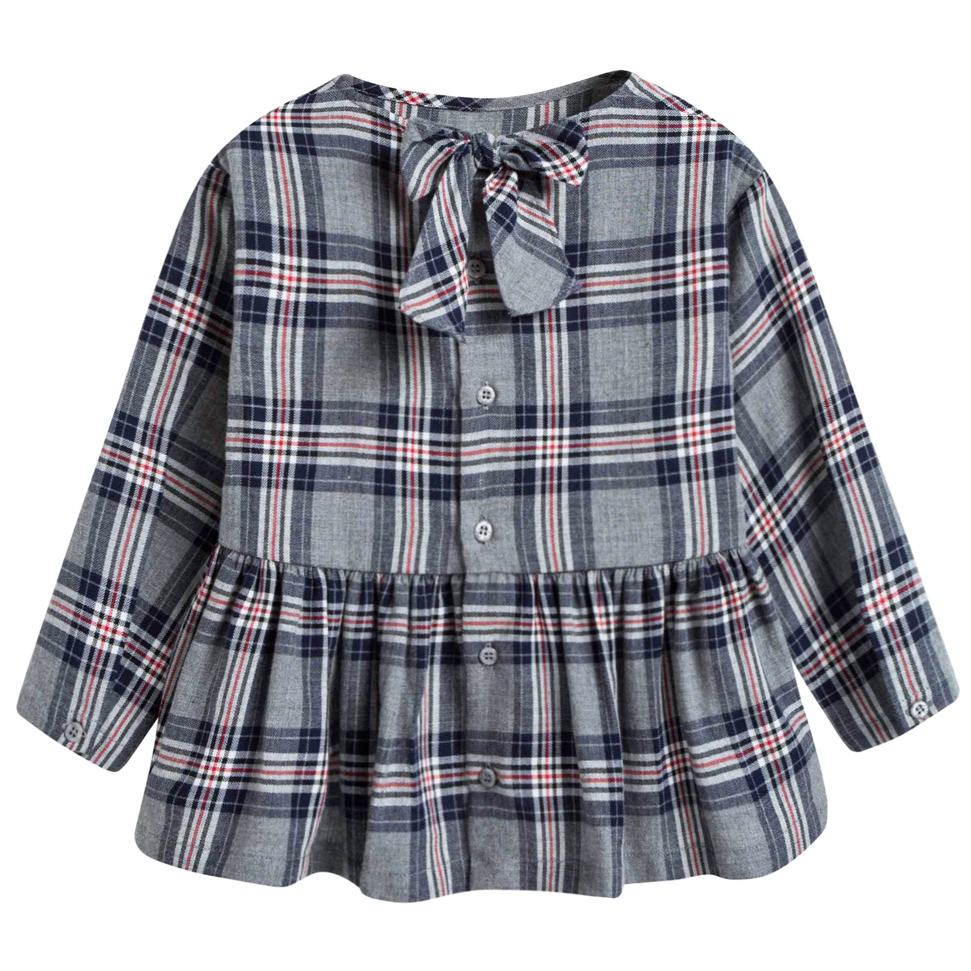 Girls Blue Checked Cotton Shirt With Tie