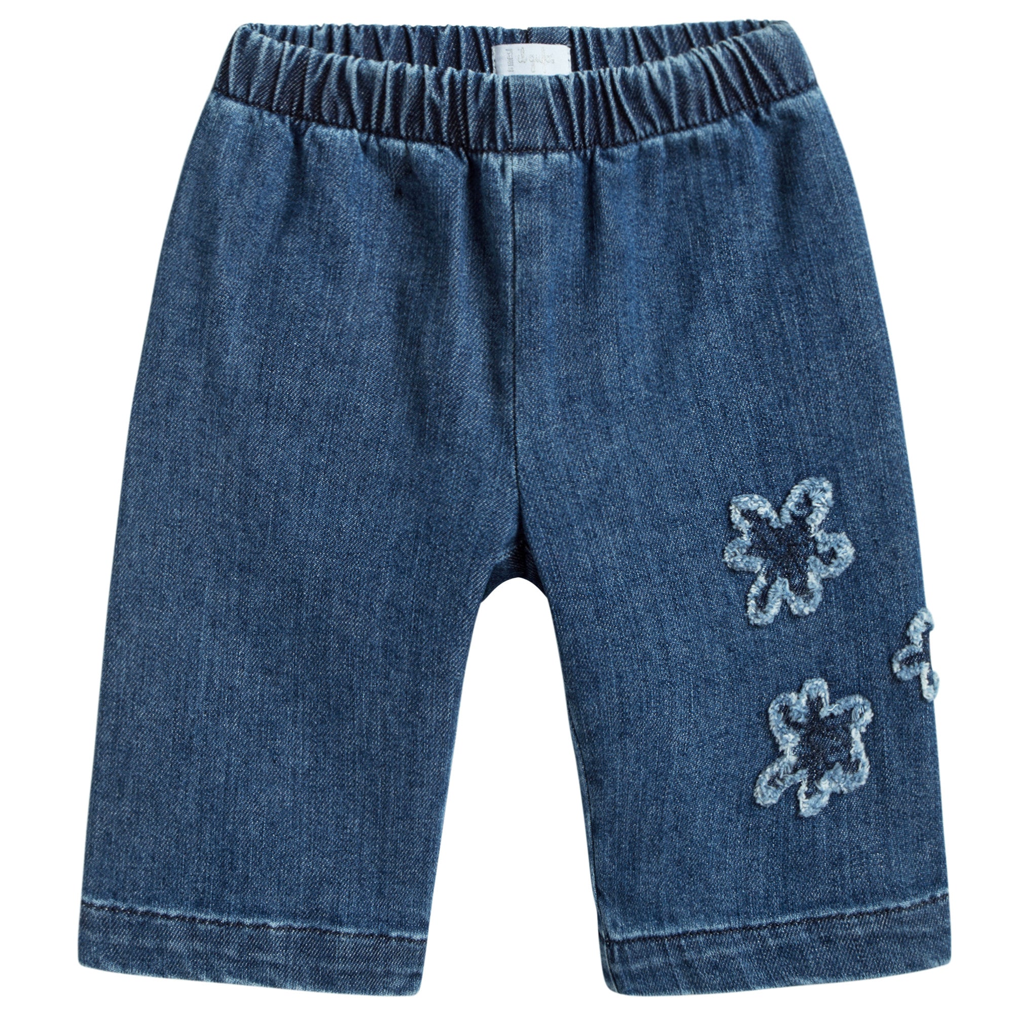 Baby Girls Denim Blue Cotton Jeans With Flowers Trims