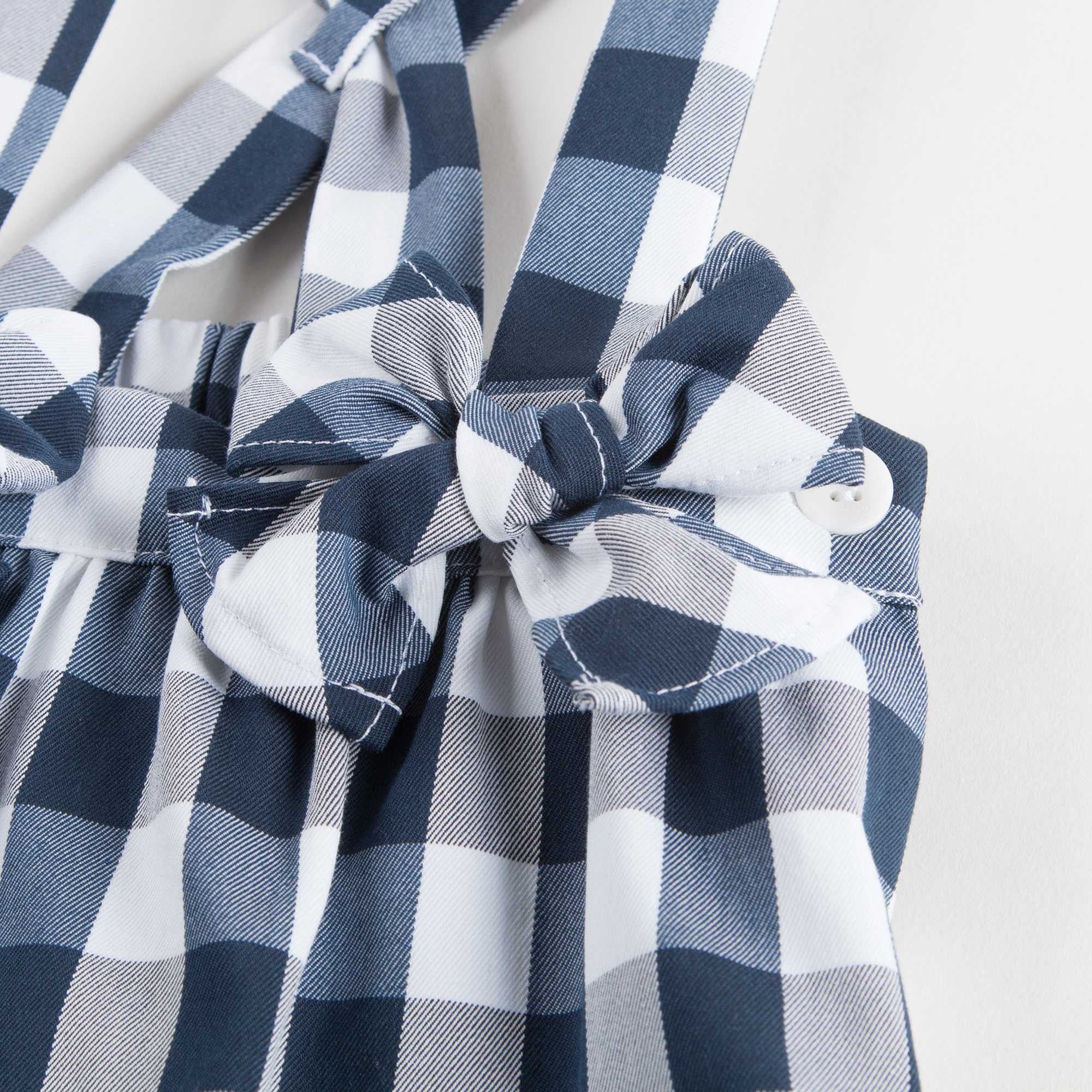 Baby Girls Dark Blue Check Dungarees With Bow