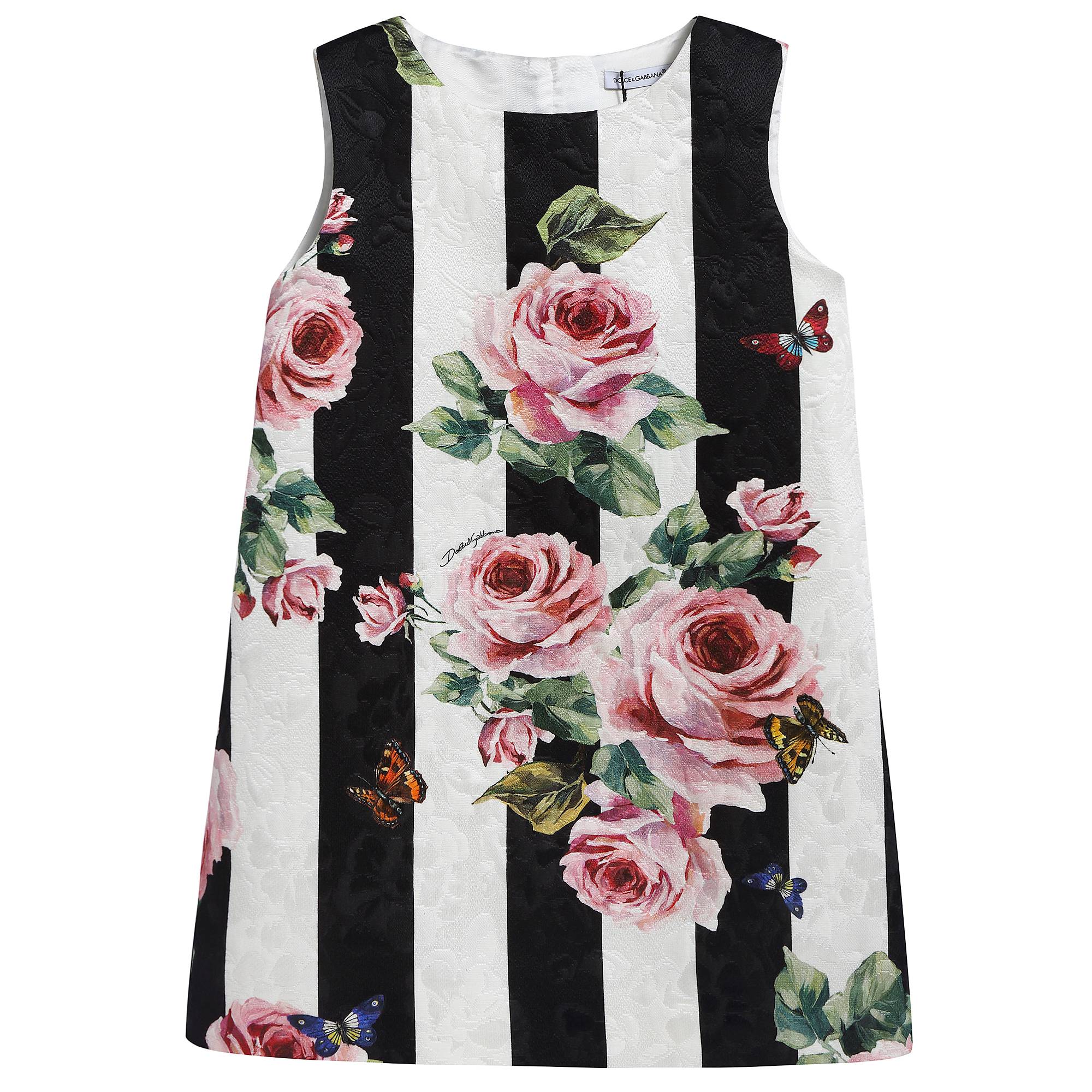 Girls White & Black Striped Cotton Dress