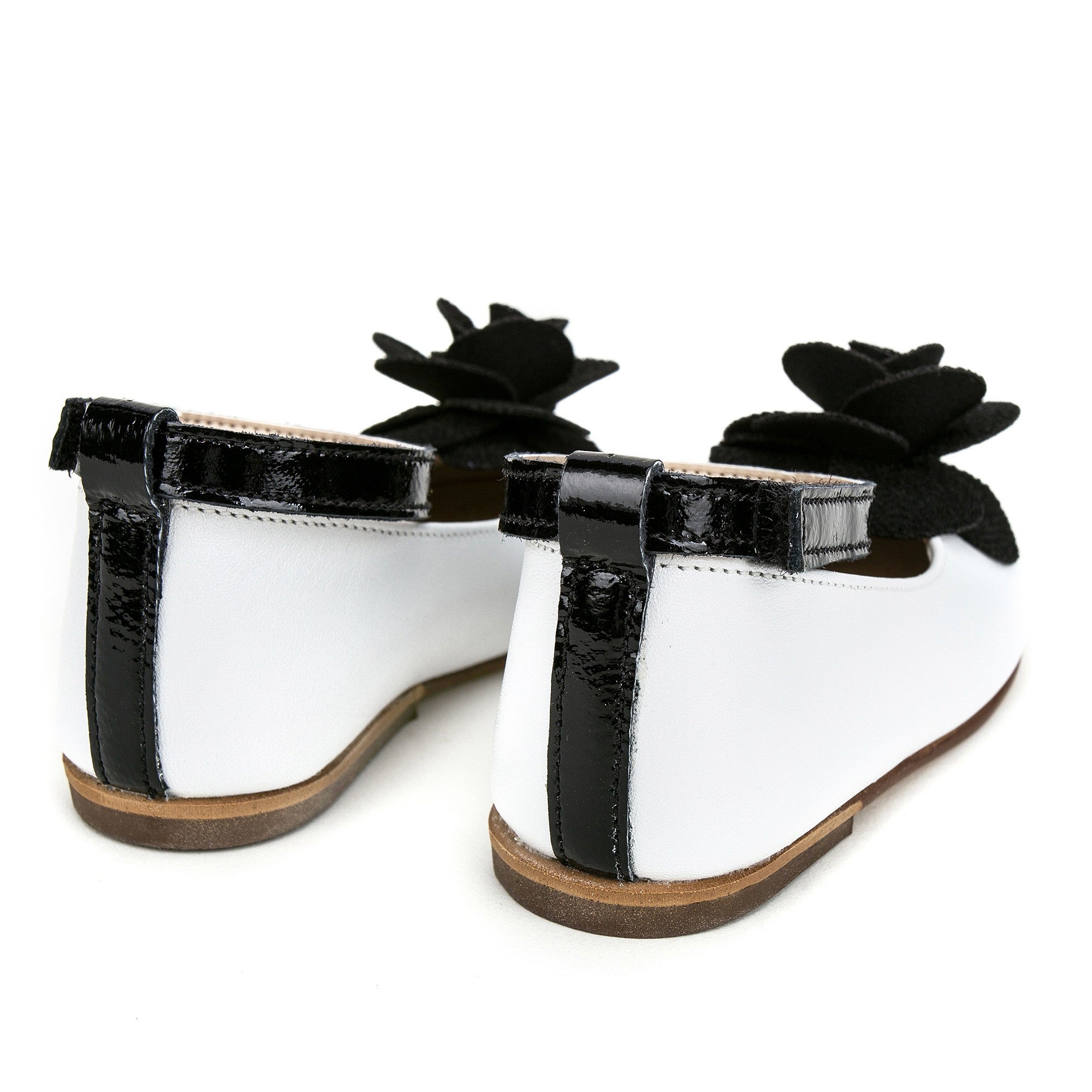 Girls White Suede Ballerinas With Black Patch Camelia Flower Embellished