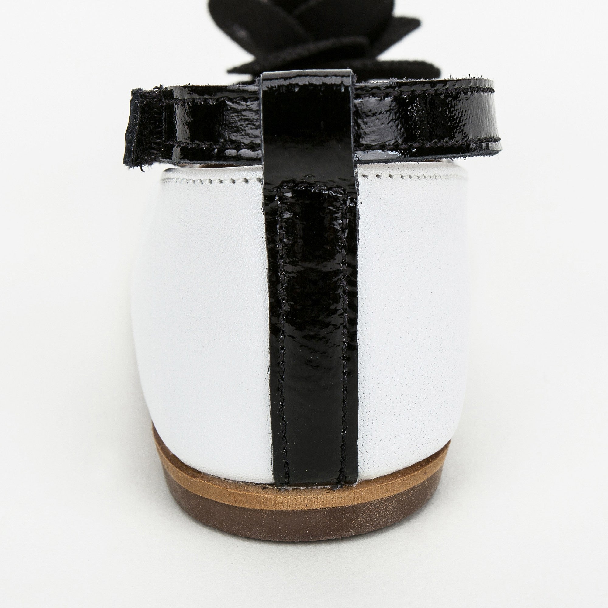 Girls White Suede Ballerinas With Black Patch Camelia Flower Embellished