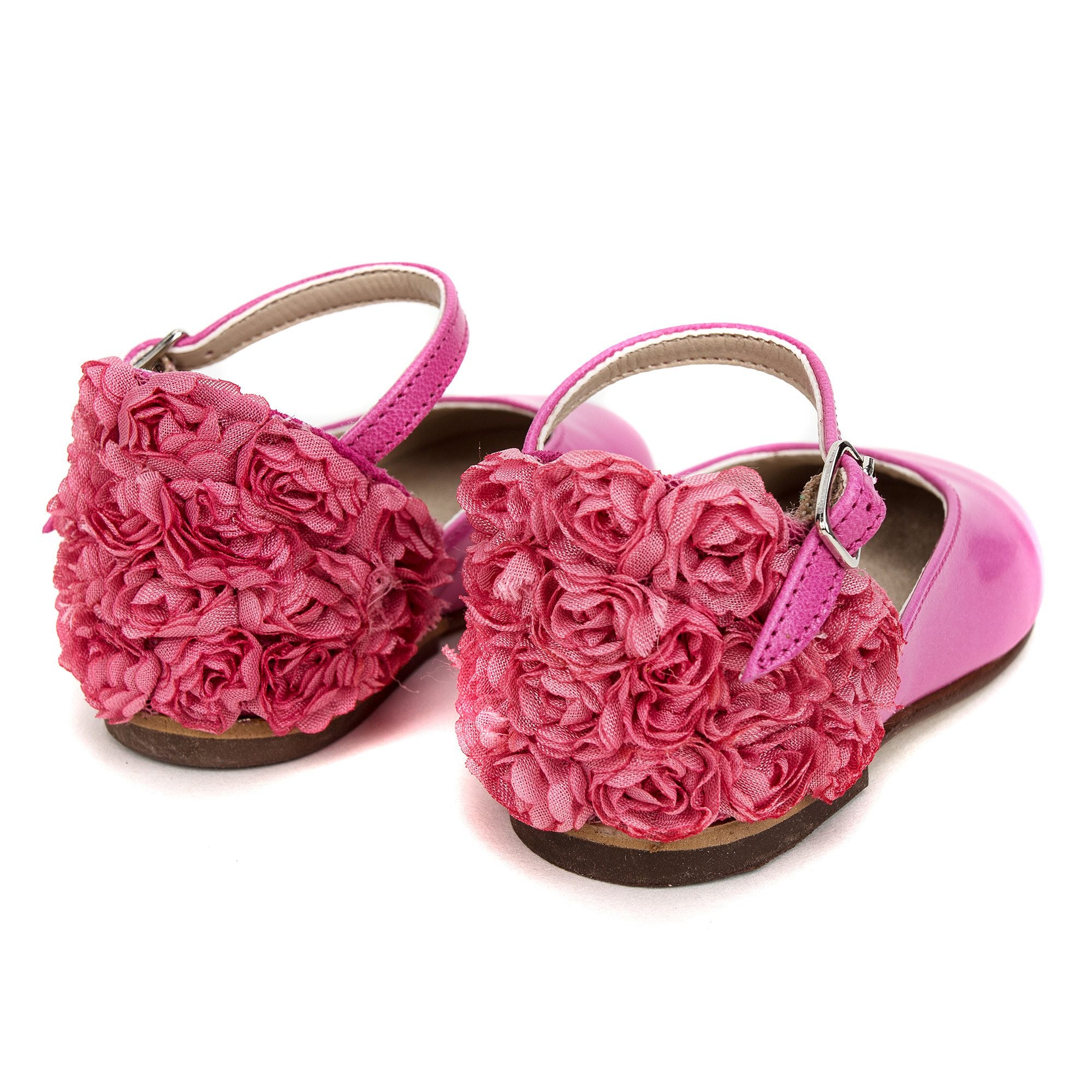 Girls Fuchsia Chiffon Flowers Embellished Heel Leather Ballerinas