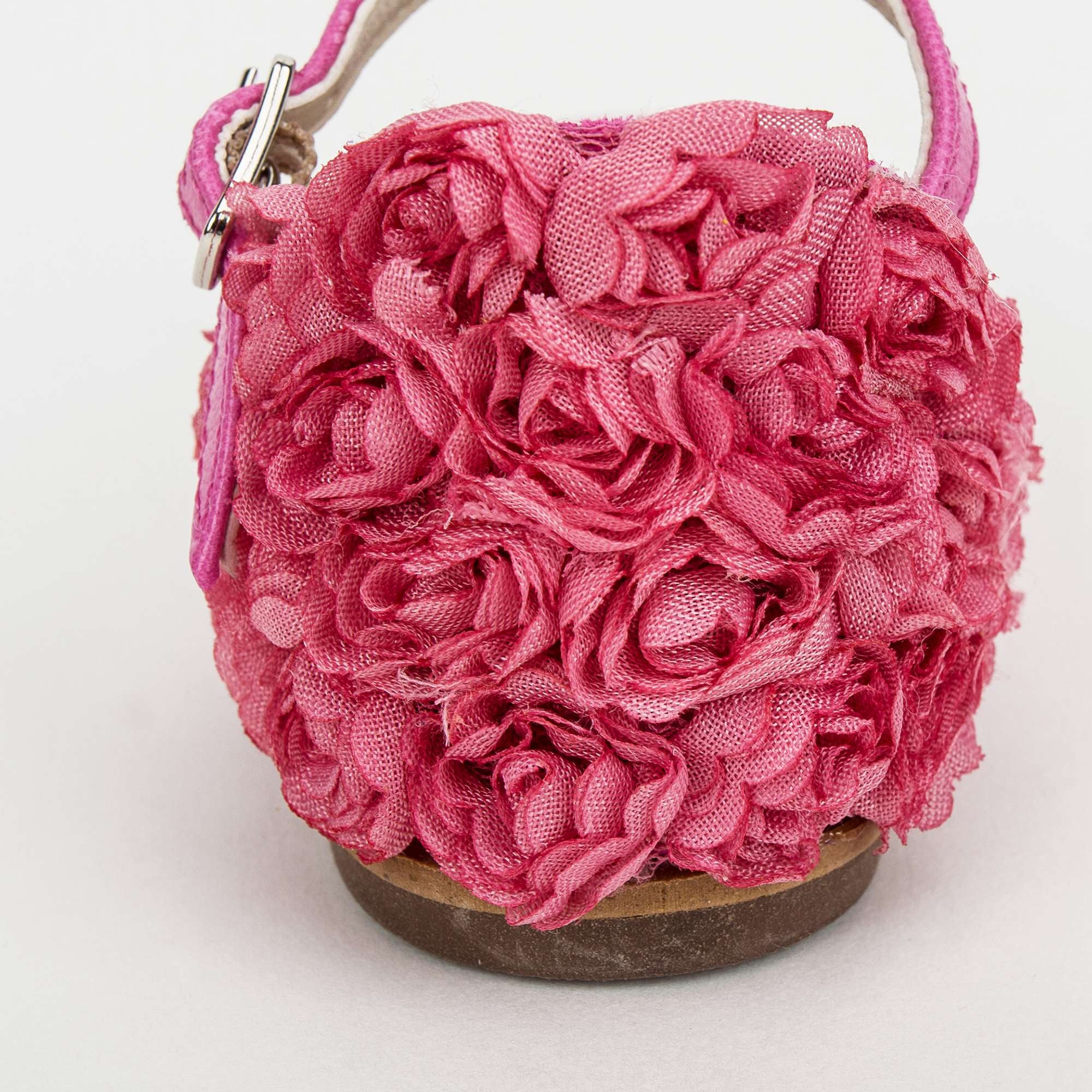 Girls Fuchsia Chiffon Flowers Embellished Heel Leather Ballerinas