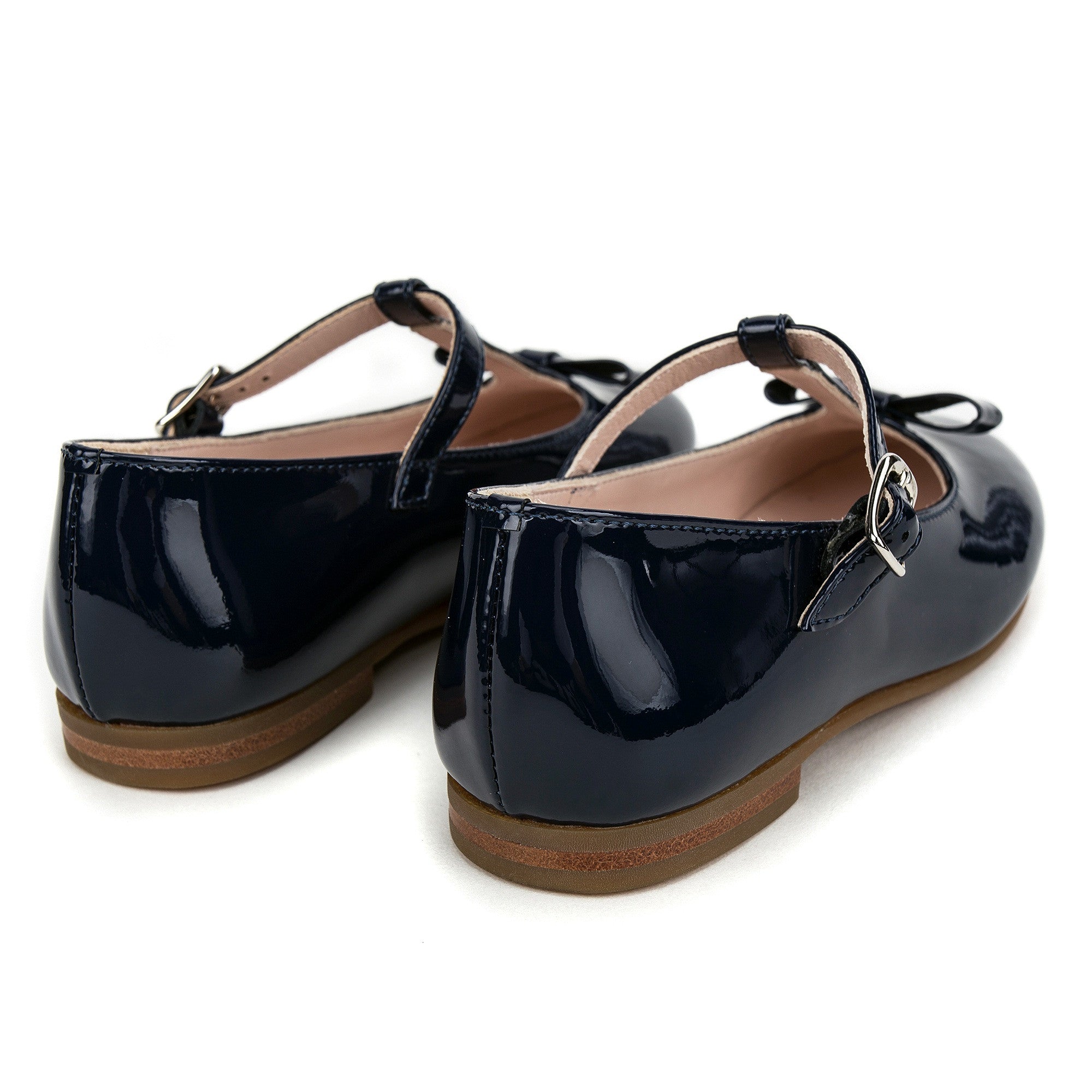 Girls Blue Patent Leather T-Bar Shoes With Bow Trims