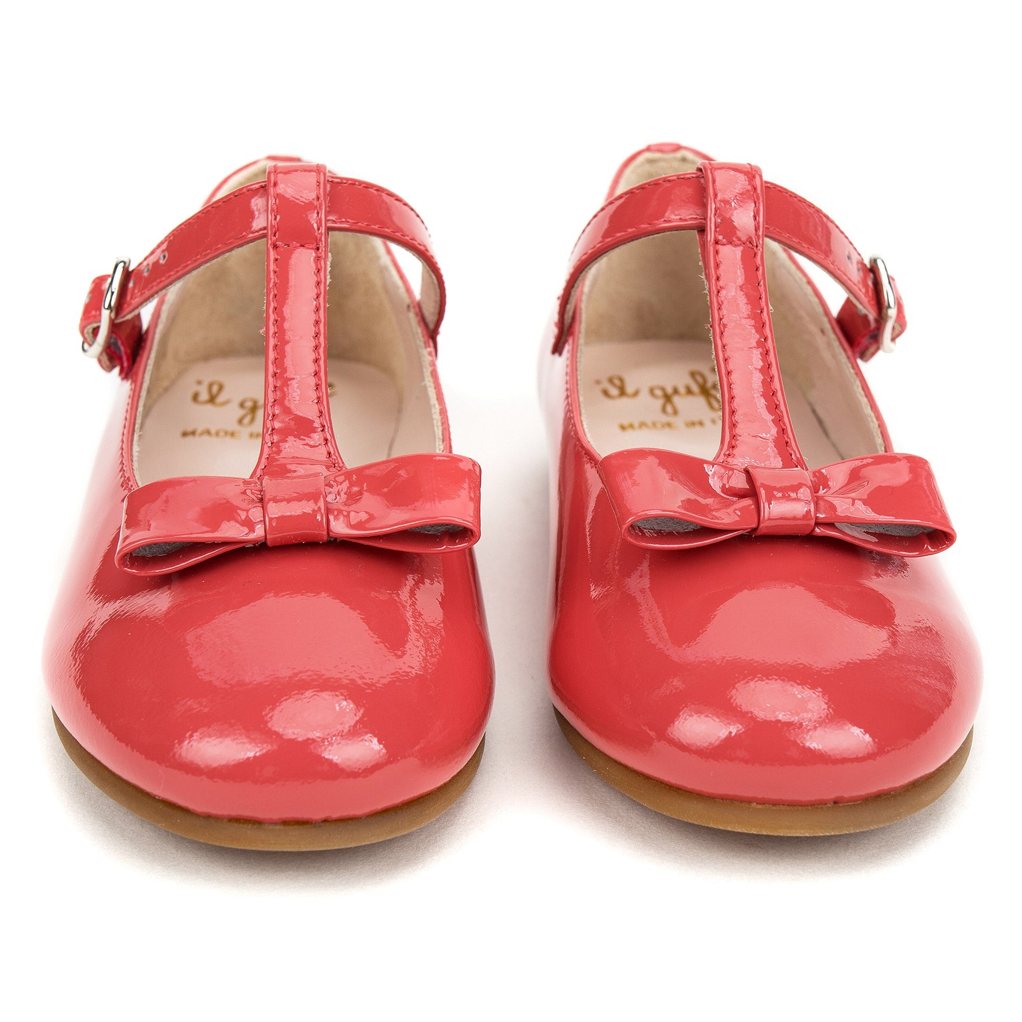 Girls Red Patent Leather T-Bar Shoes With Bow Trims