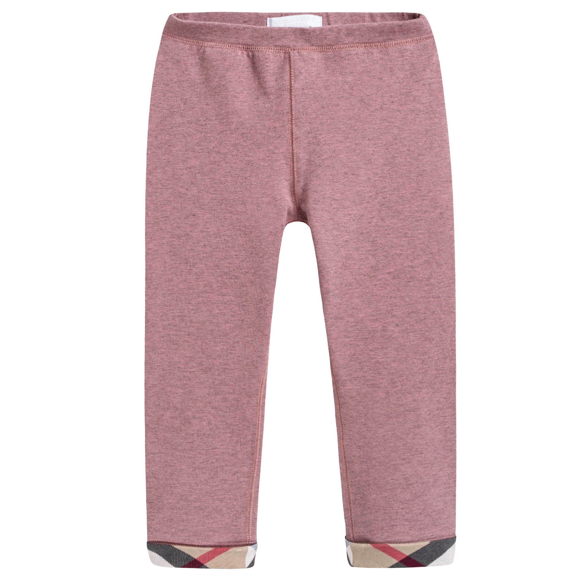 Girls Pink Cotton Leggings With Check Cuffs