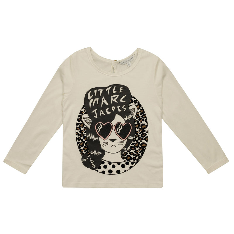 Girls White Cotton T-Shirt With Black Fancy Print Trims - CÉMAROSE | Children's Fashion Store - 1