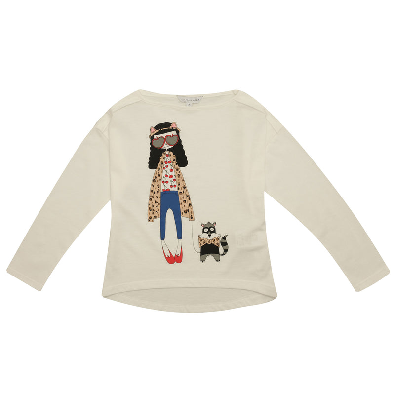 Girls White Fancy Printed Trims Cotton T-Shirt - CÉMAROSE | Children's Fashion Store - 1