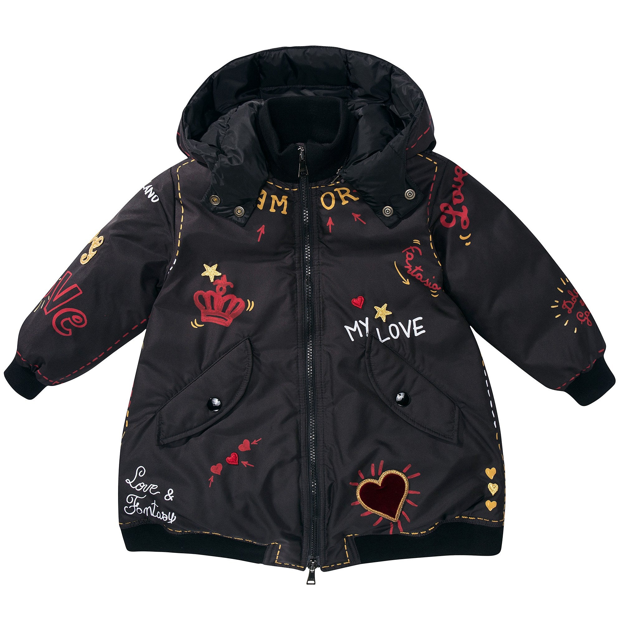 Girls Black "My Love" Polyester Coat