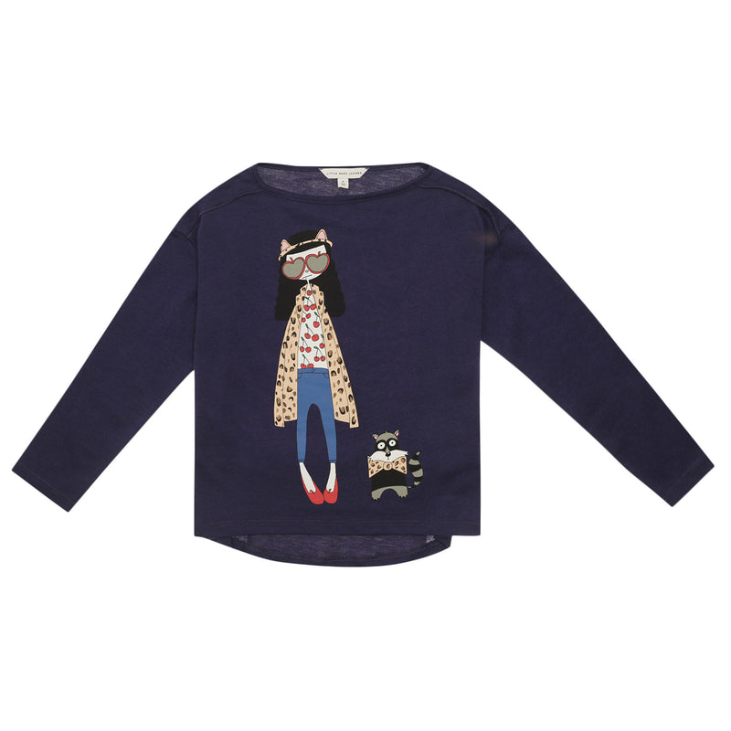Girls Navy Blue Fancy Printed Trims Cotton T-Shirt - CÉMAROSE | Children's Fashion Store - 1