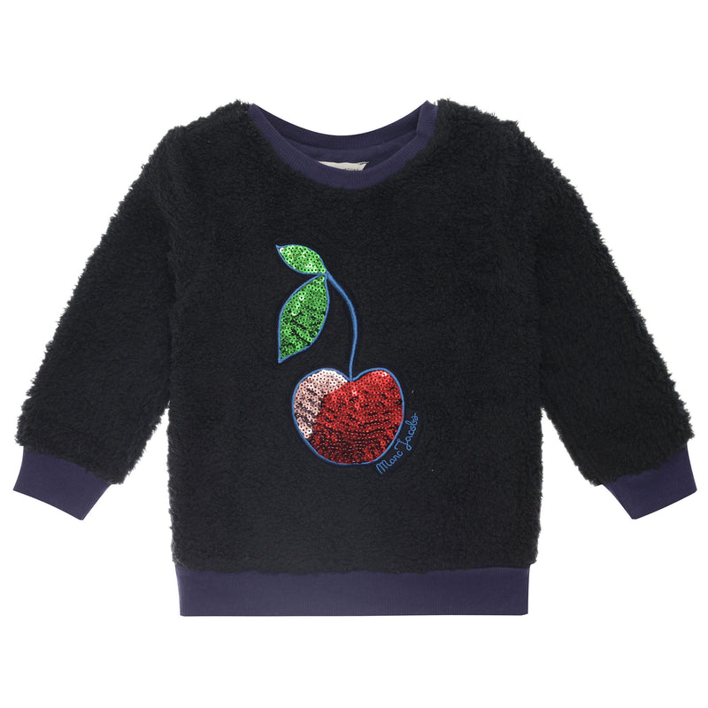 Girls Navy Blue Cherry Printed Fur Sweatshirt - CÉMAROSE | Children's Fashion Store - 1