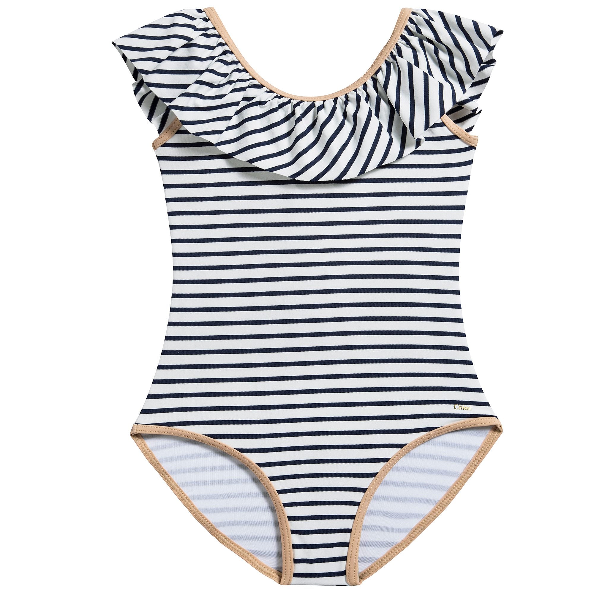 Girls White & Black Striped Polyamide Swimwear