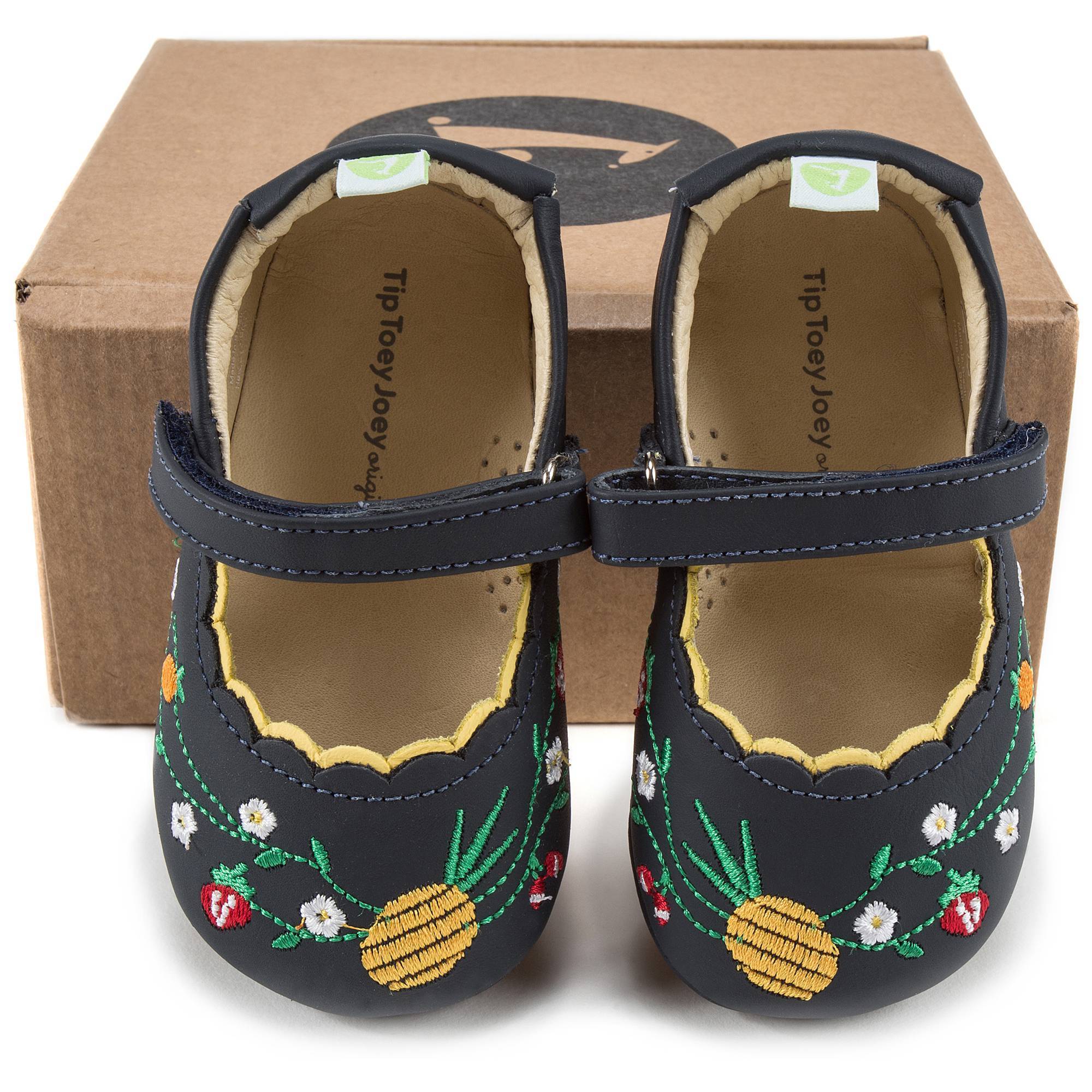 Baby Girls Navy Blue Embroidered Leather Shoes