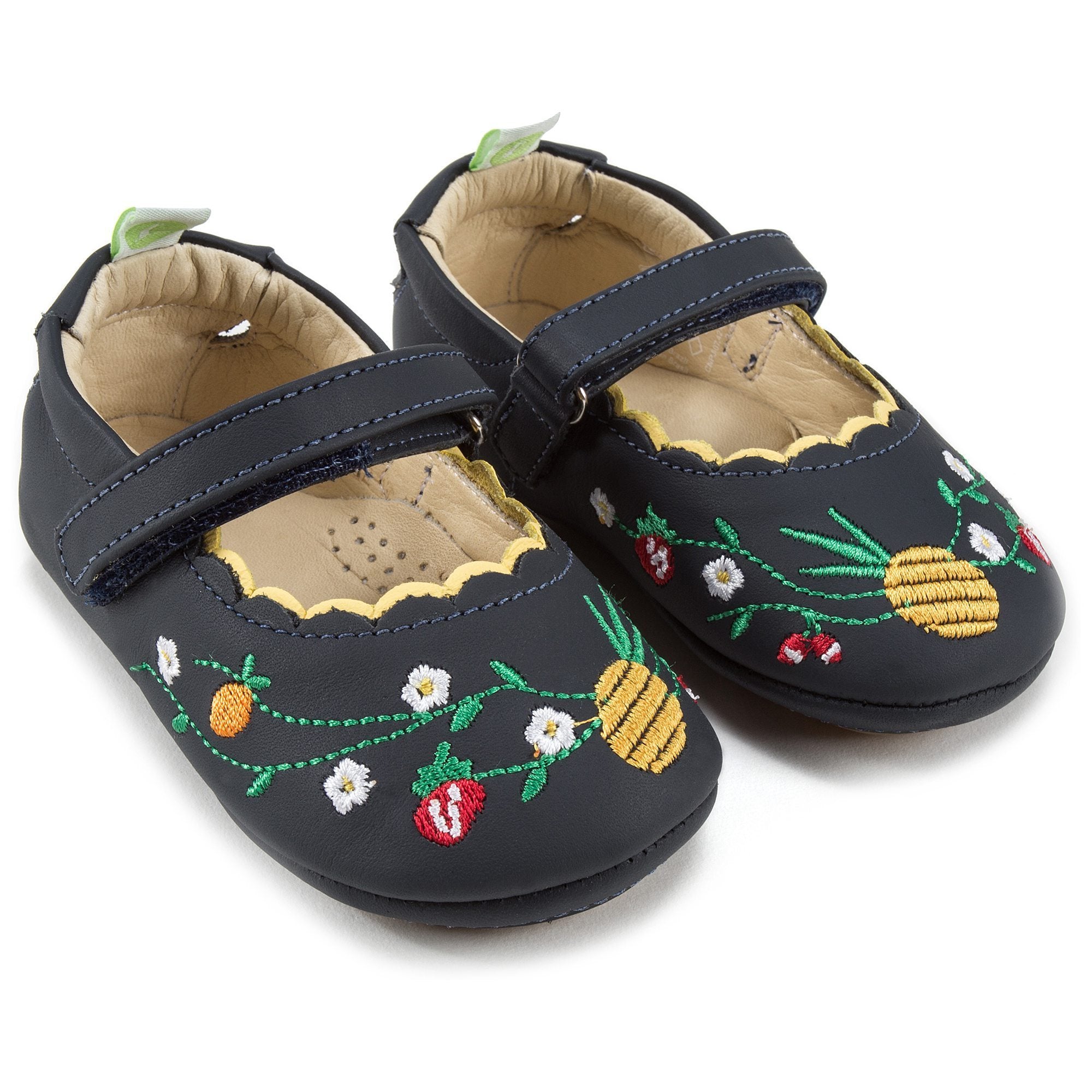 Baby Girls Navy Blue Embroidered Leather Shoes