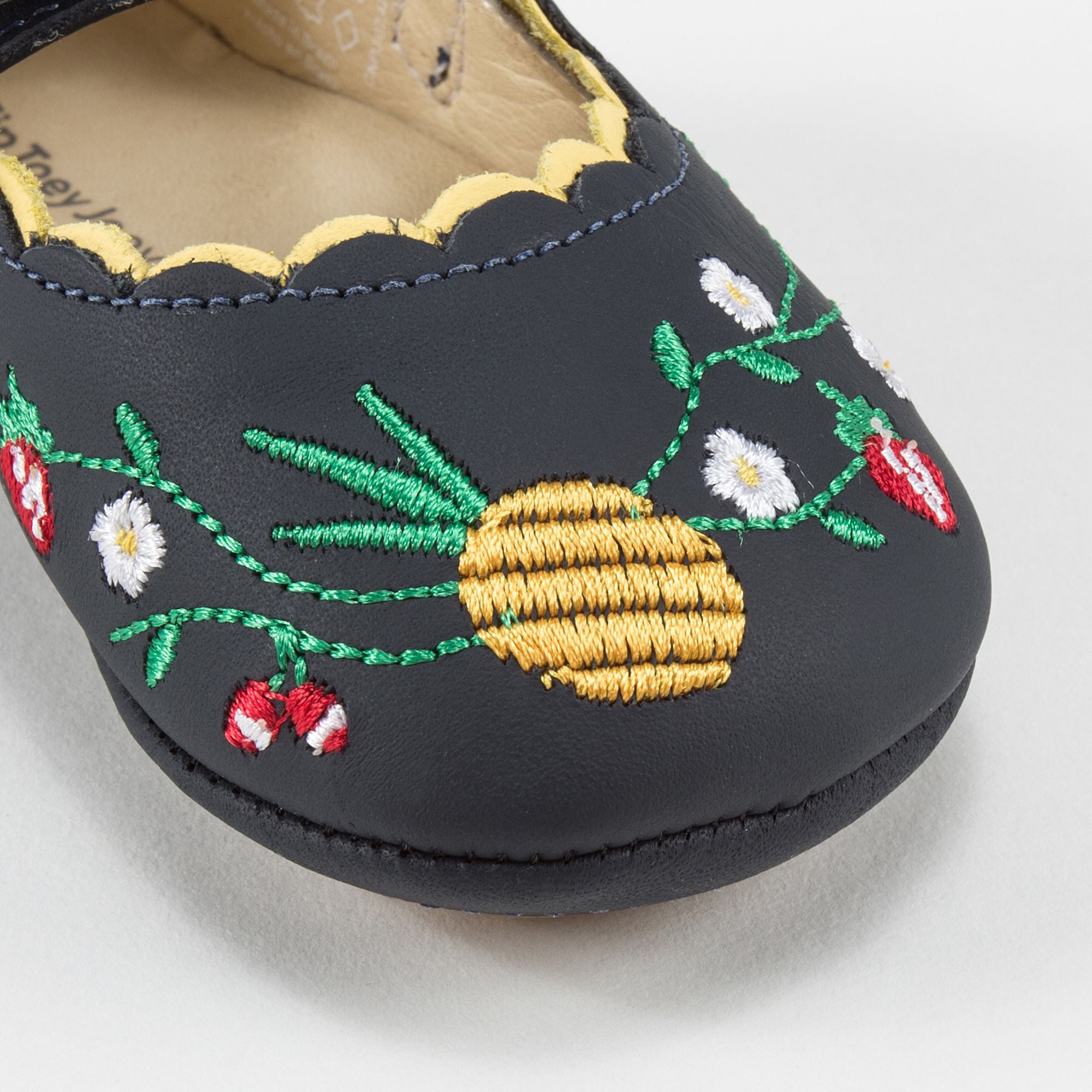 Baby Girls Navy Blue Embroidered Leather Shoes