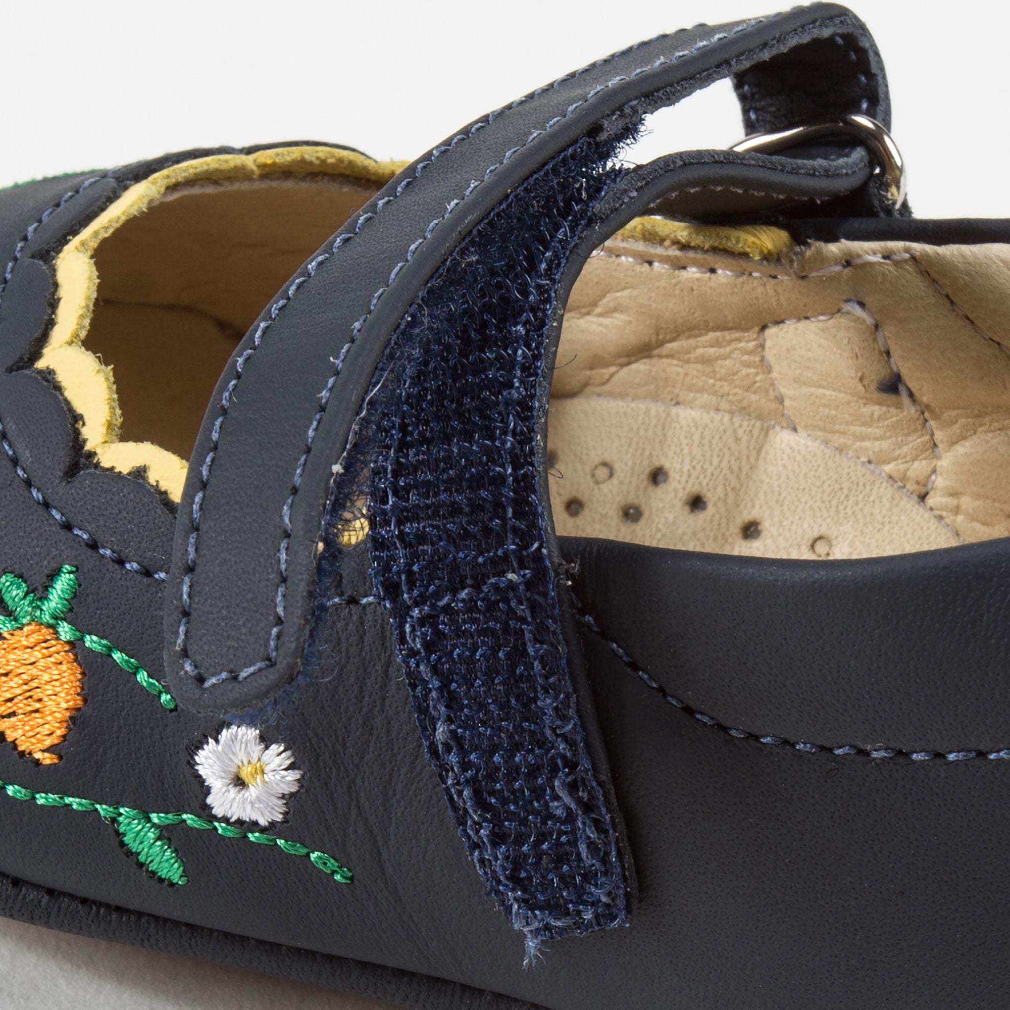 Baby Girls Navy Blue Embroidered Leather Shoes