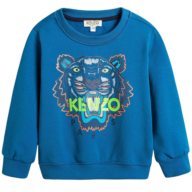 Boys Middle Blue Embroidered Tiger Head Cotton Sweatshirt - CÉMAROSE | Children's Fashion Store - 1