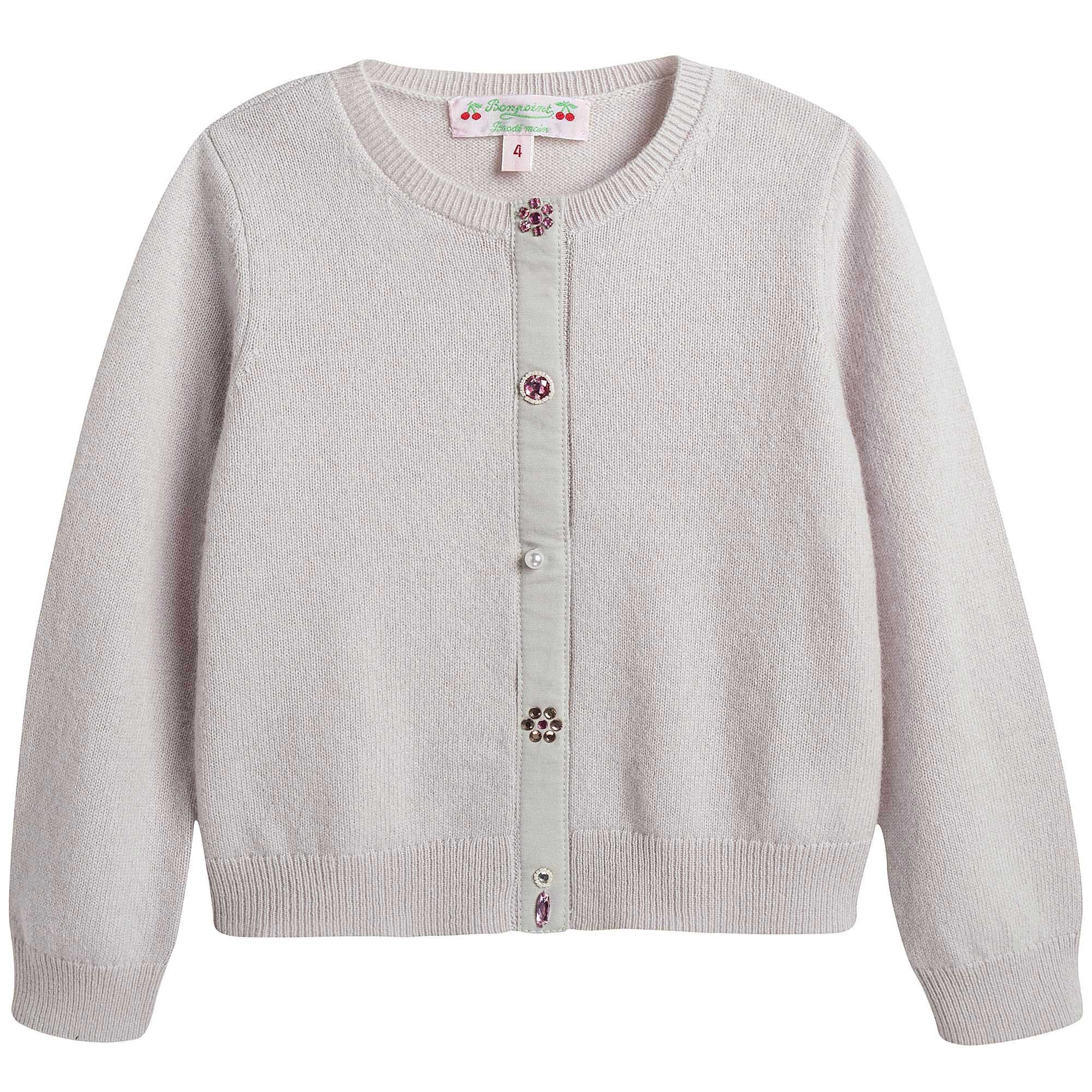 Girls Light Grey With Flowers Buttons Cashmere Sweater - CÉMAROSE | Children's Fashion Store - 1