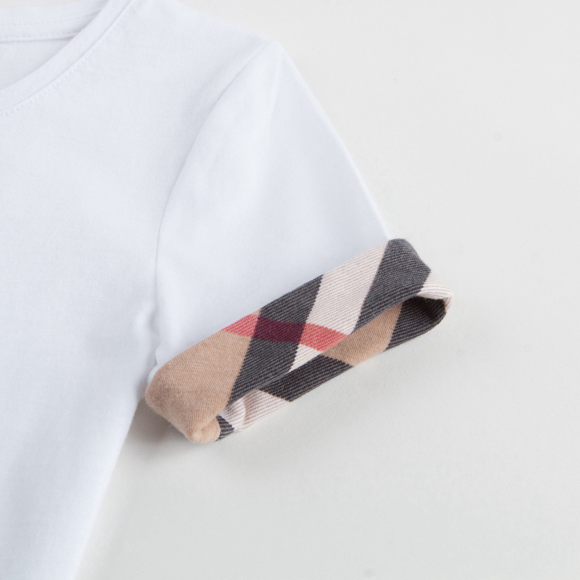 Girls White Cotton T-shirt With Check Trim