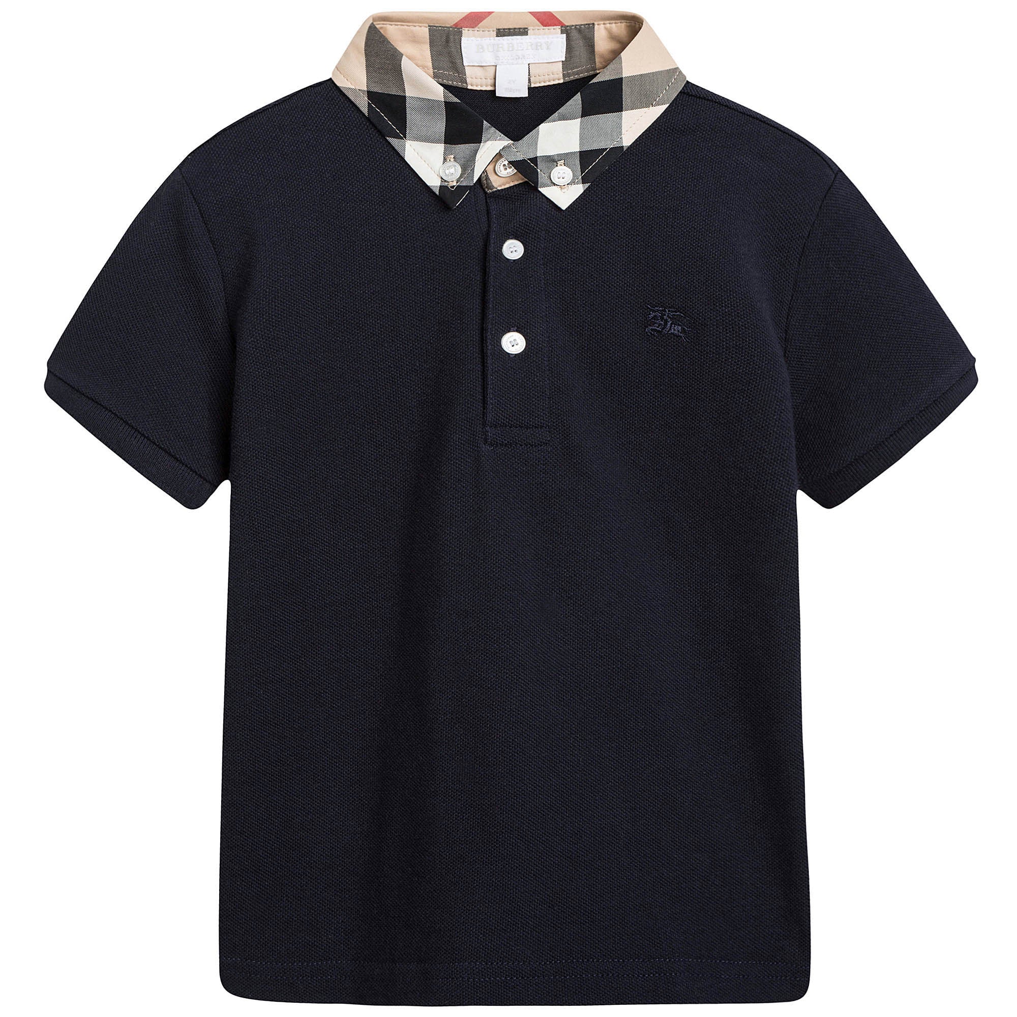 Boys Navy Blue Polo Shirt With Classic Check Collar