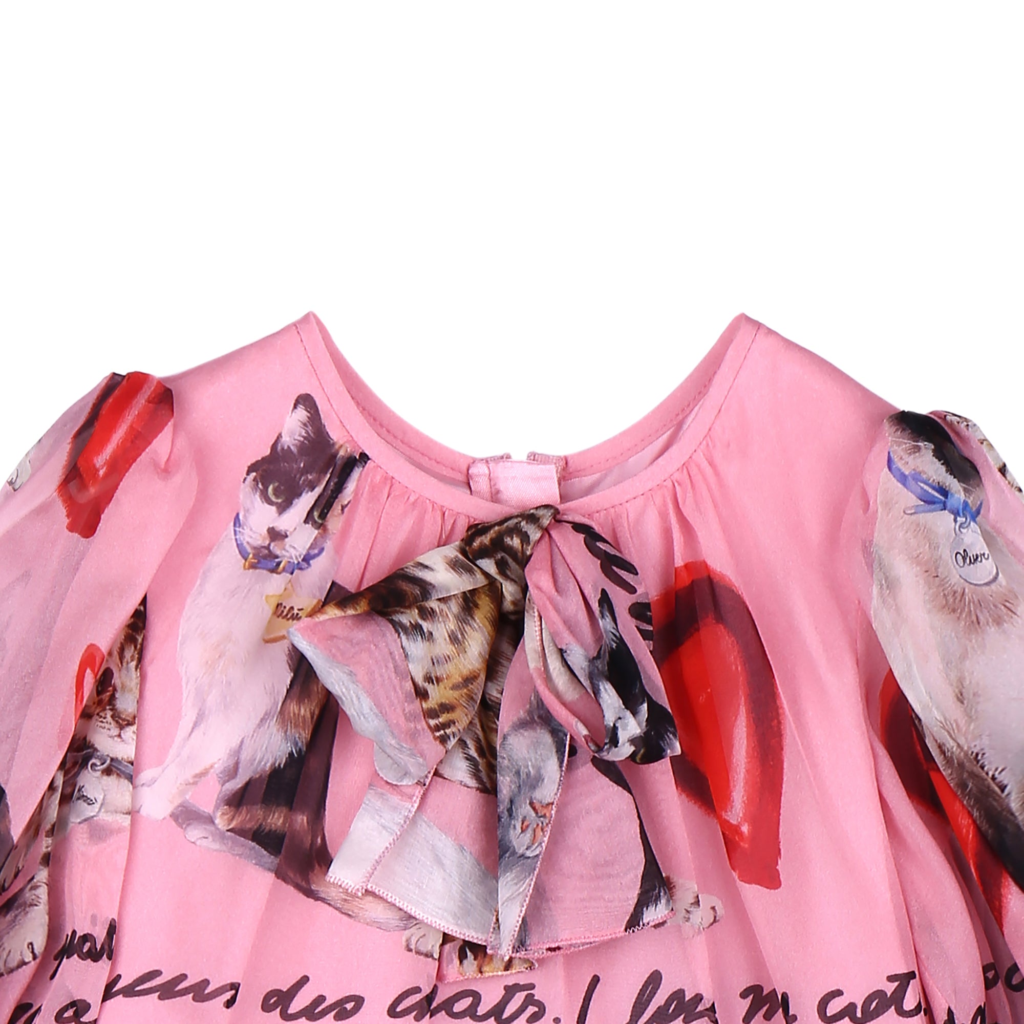 Girls Pink Cat Printed Silk Dress
