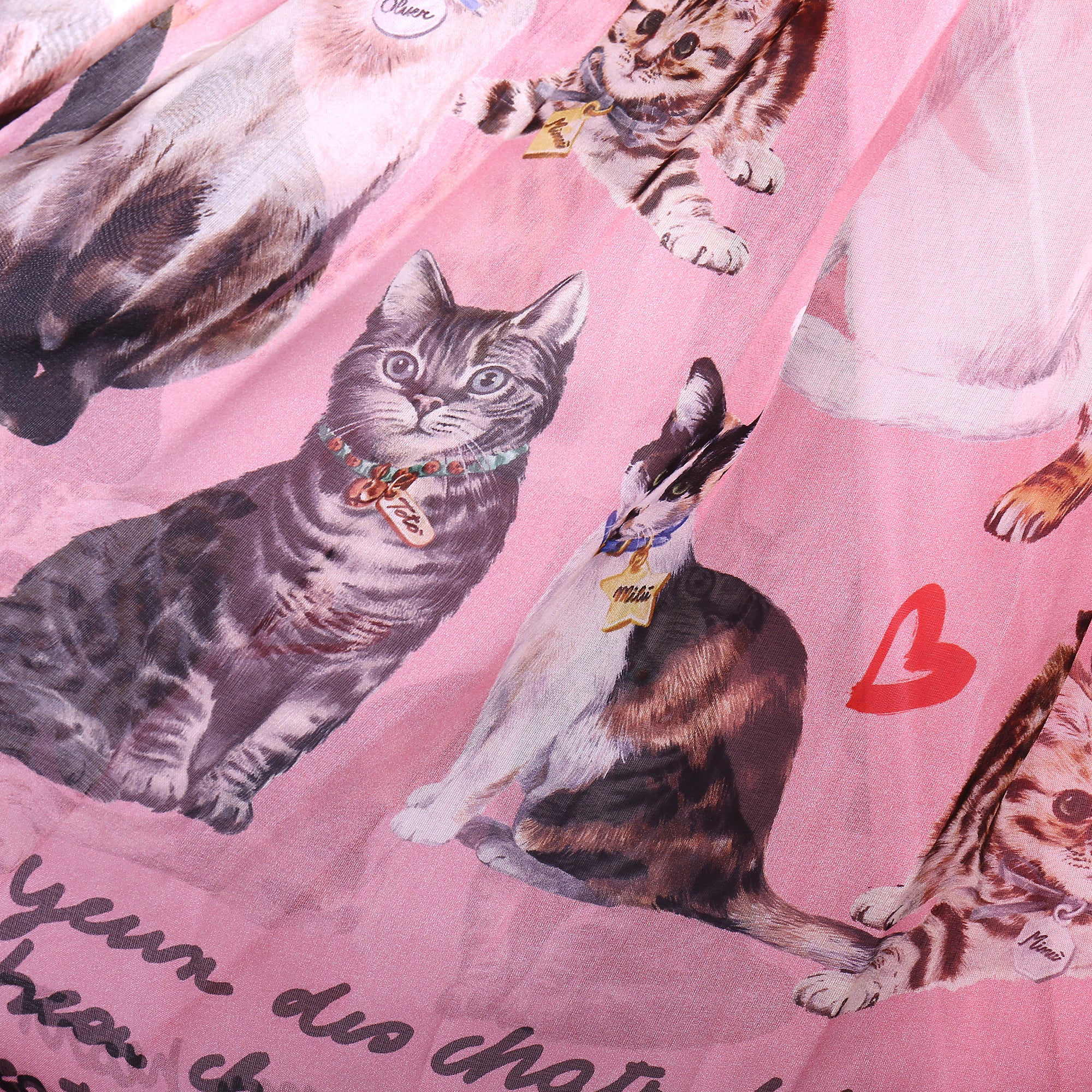 Girls Pink Cat Printed Silk Dress