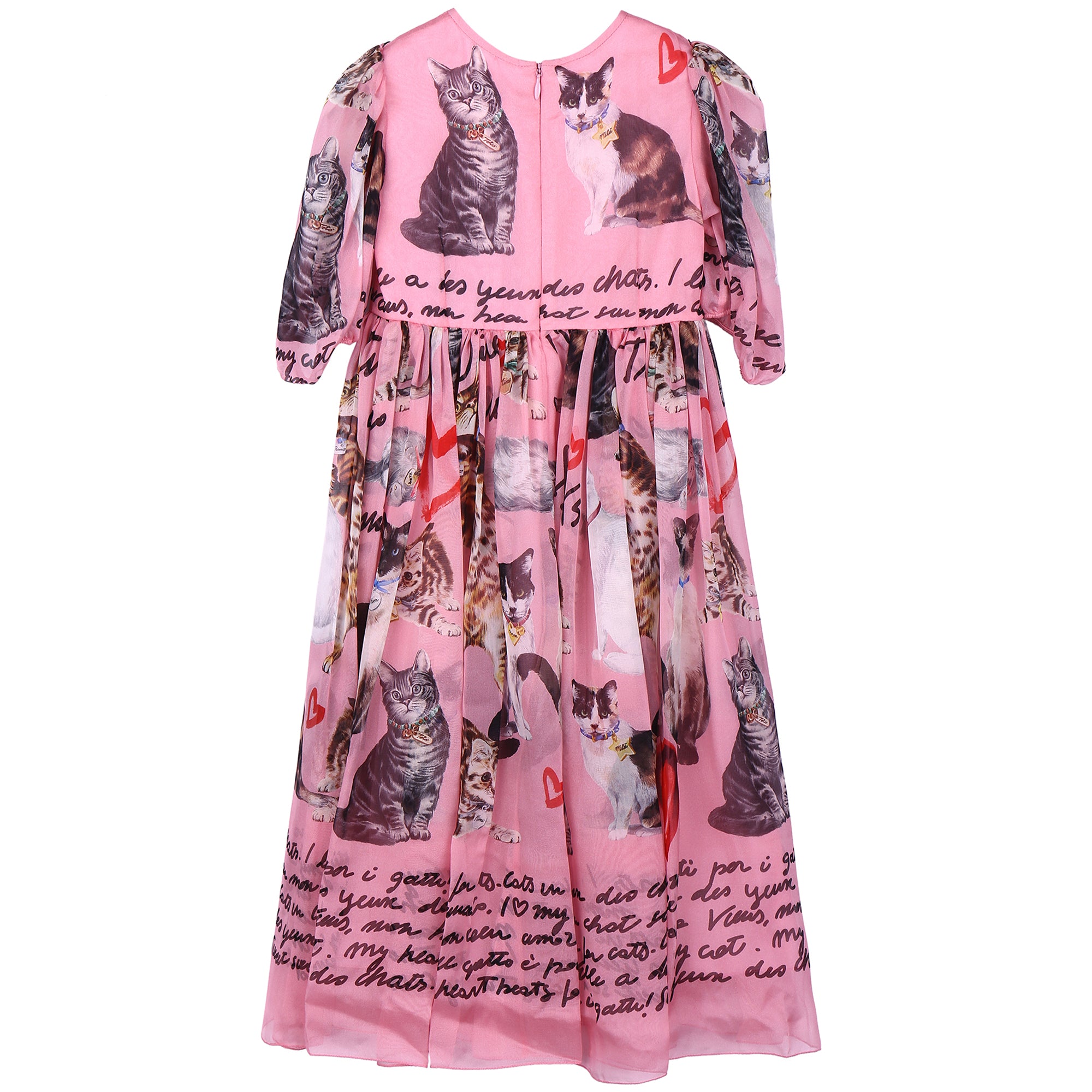 Girls Pink Cat Printed Silk Dress