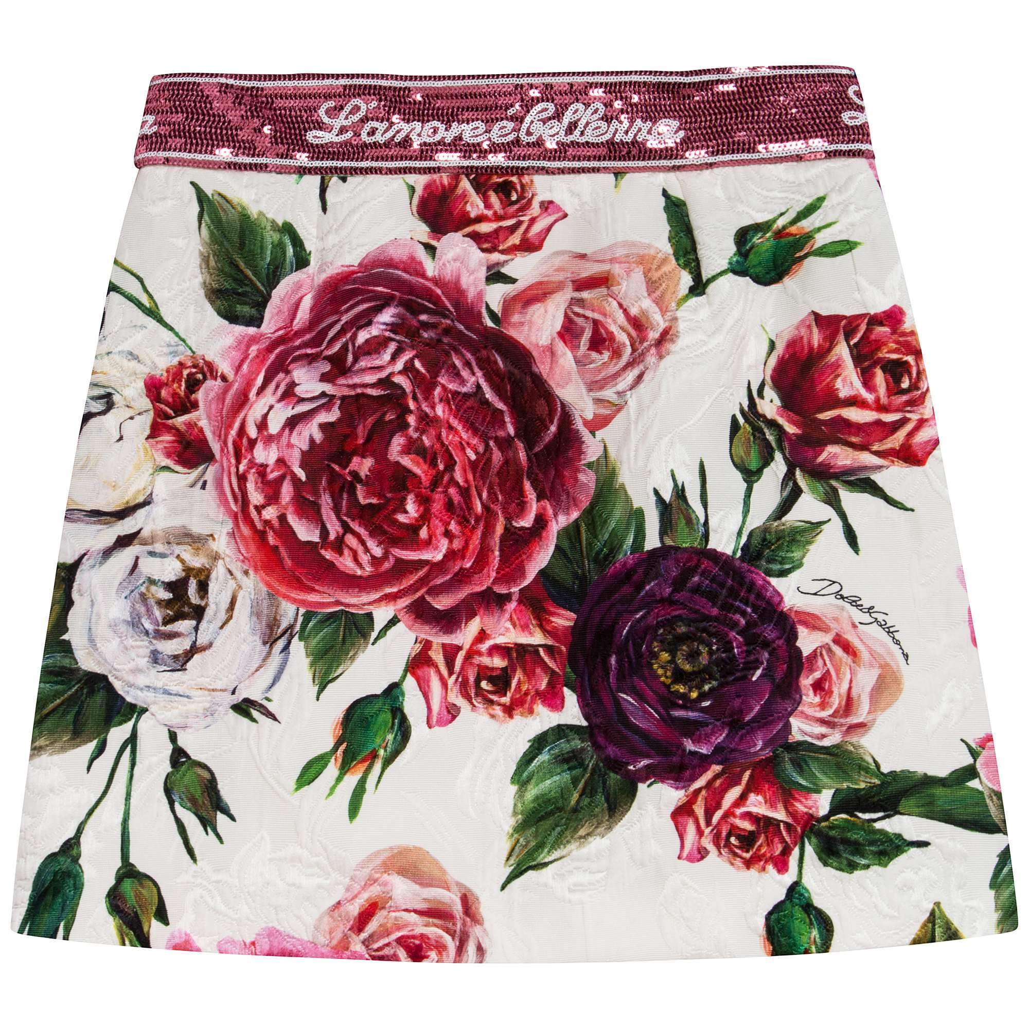 Girls White & Rose Flower Cotton Skirt