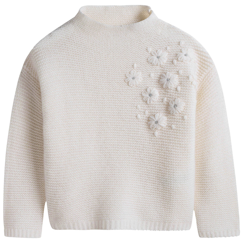 Girls Milk White Wool Sweater With Silver Patch Trims