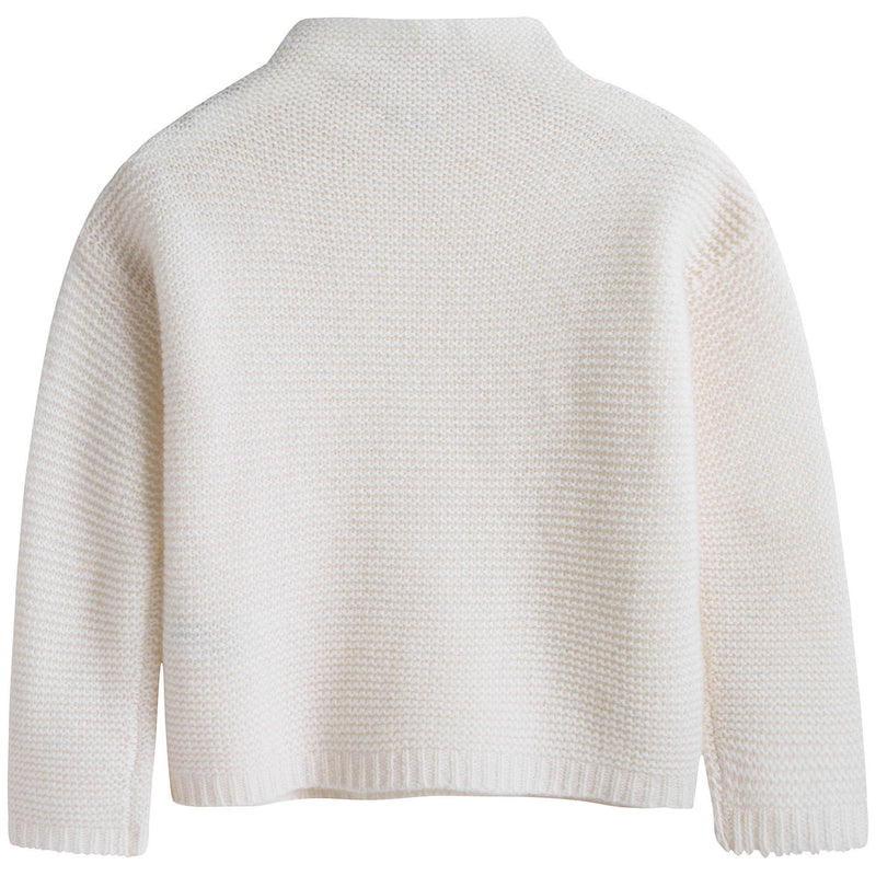 Girls Milk White Wool Sweater With Silver Patch Trims