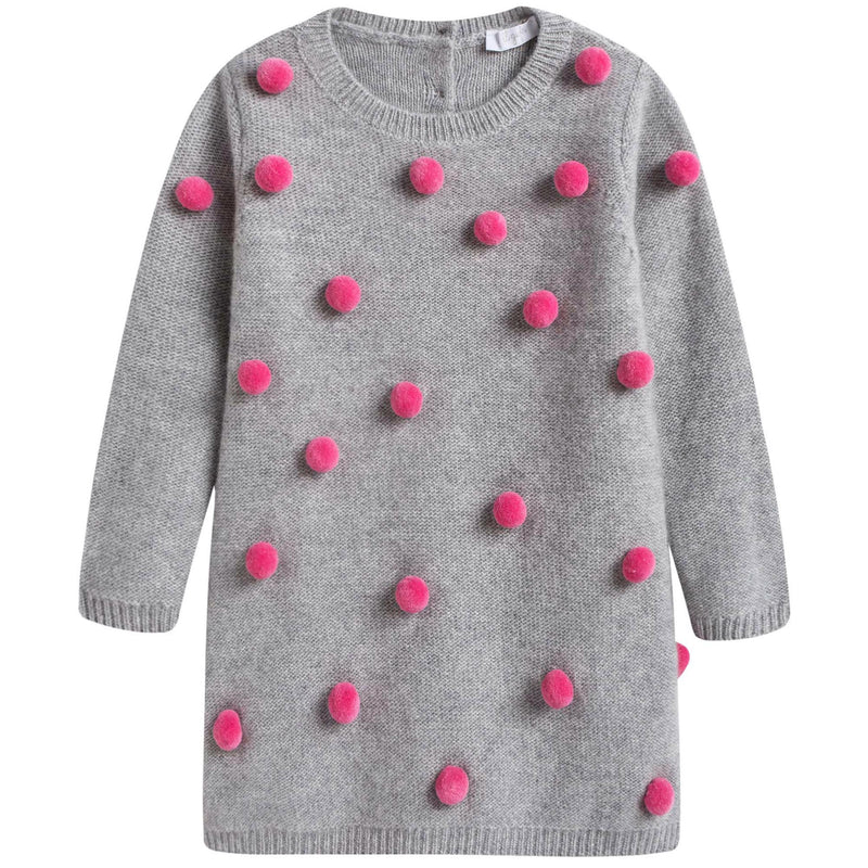 Baby Girls Grey Wool Knitted Dress With Pom-Pom Trims