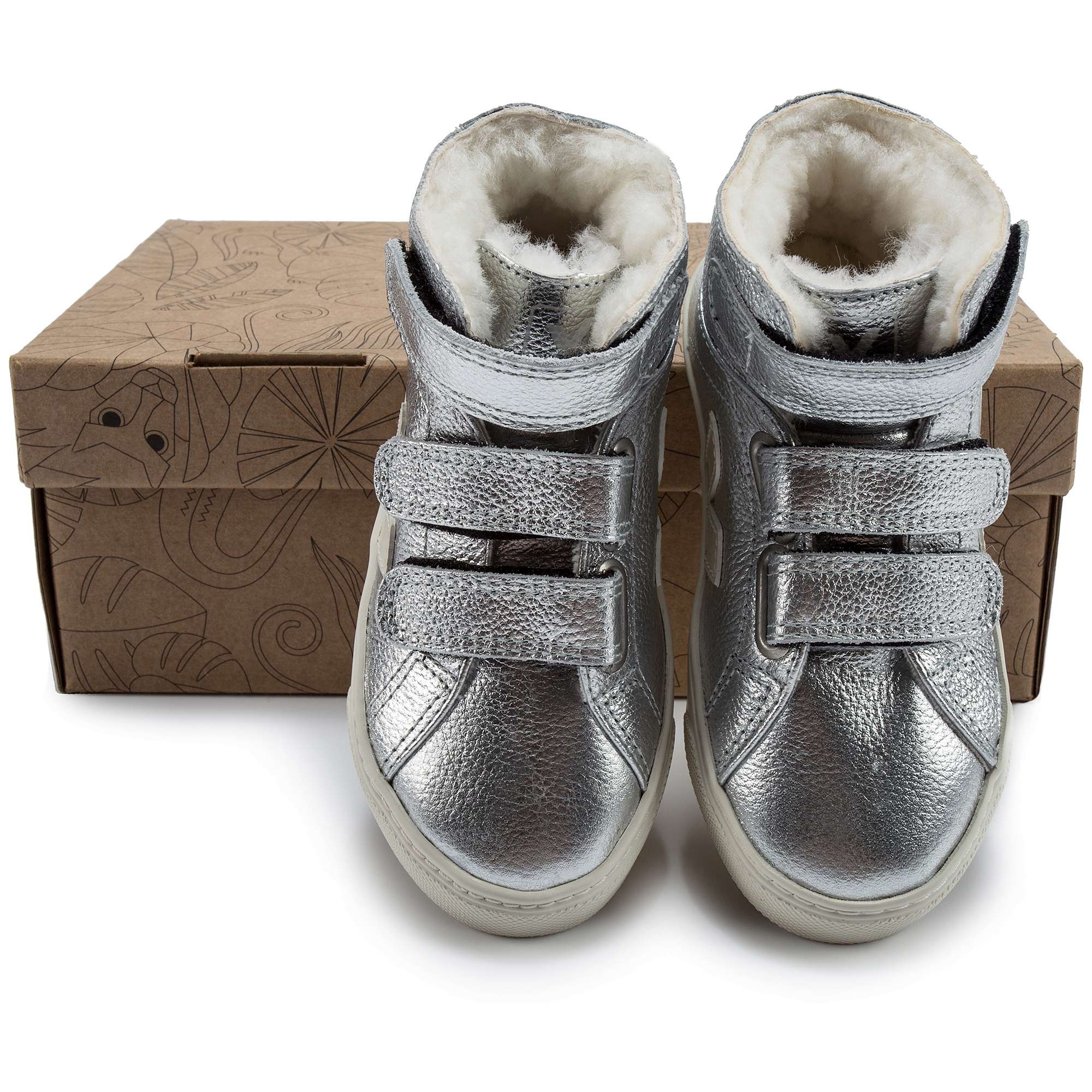 Boys & Girls Silver Leather Velcro With White "V" Shoes