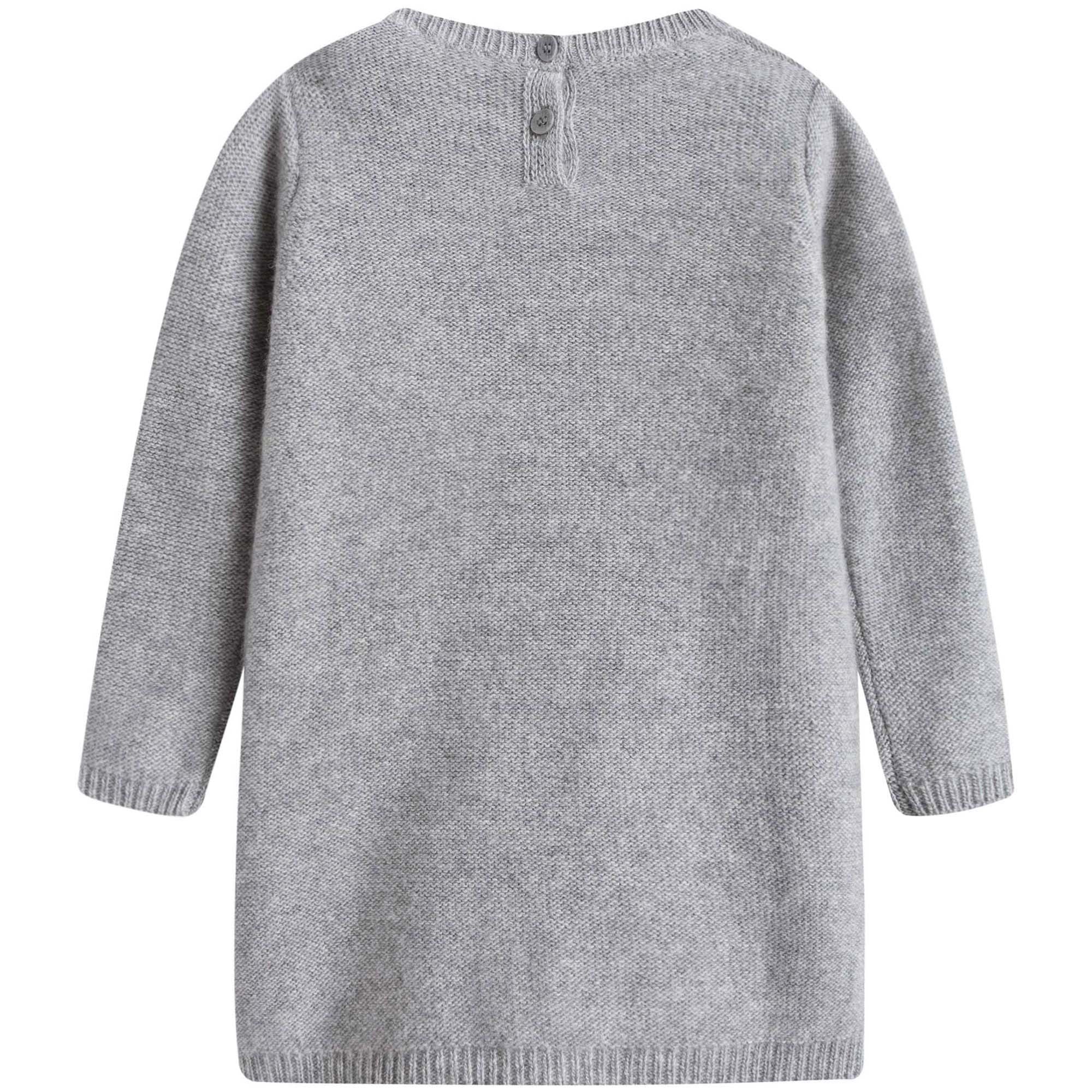 Baby Girls Grey Wool Knitted Dress With Pom-Pom Trims