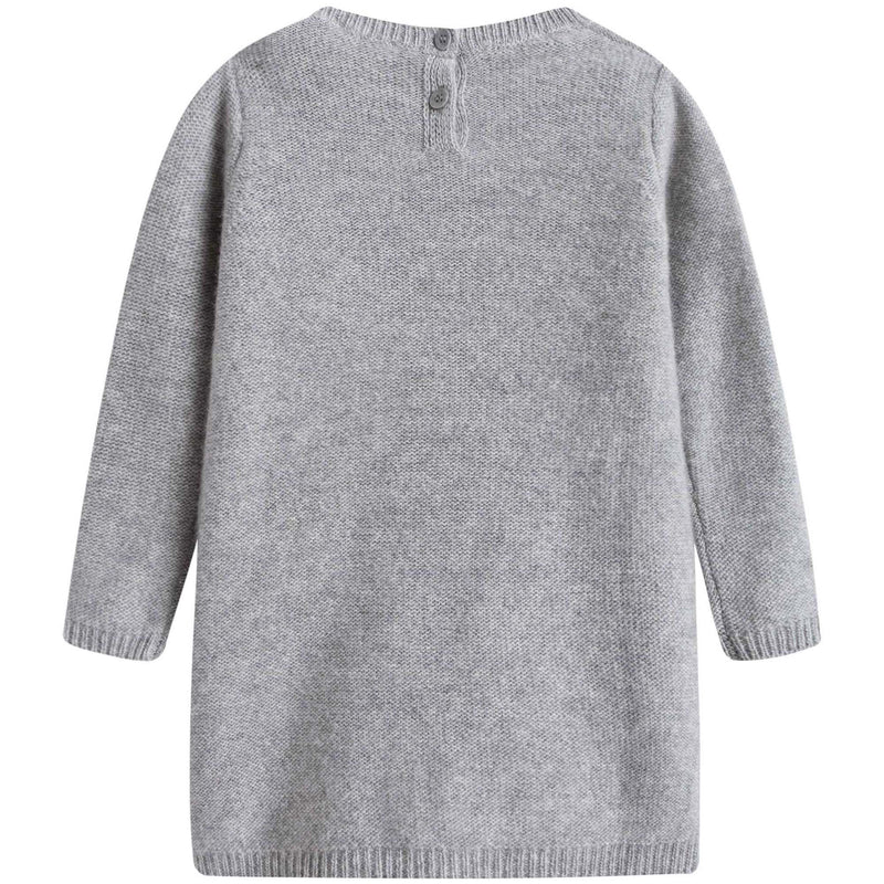 Baby Girls Grey Wool Knitted Dress With Pom-Pom Trims