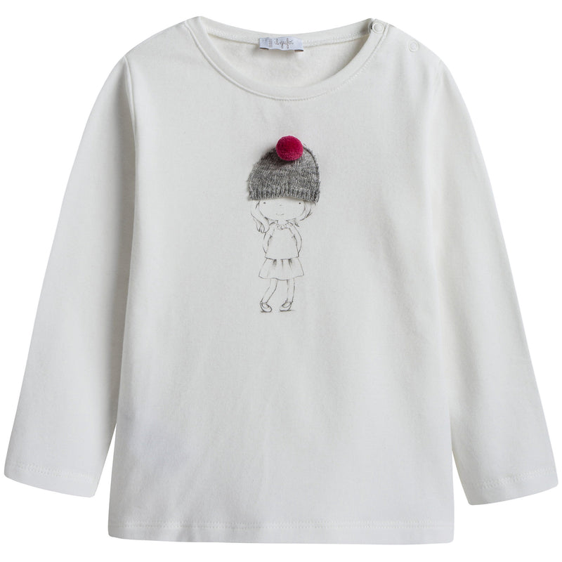 Baby Girls Milk White Cotton T-Shirt With Orchid Pink Pom-pom