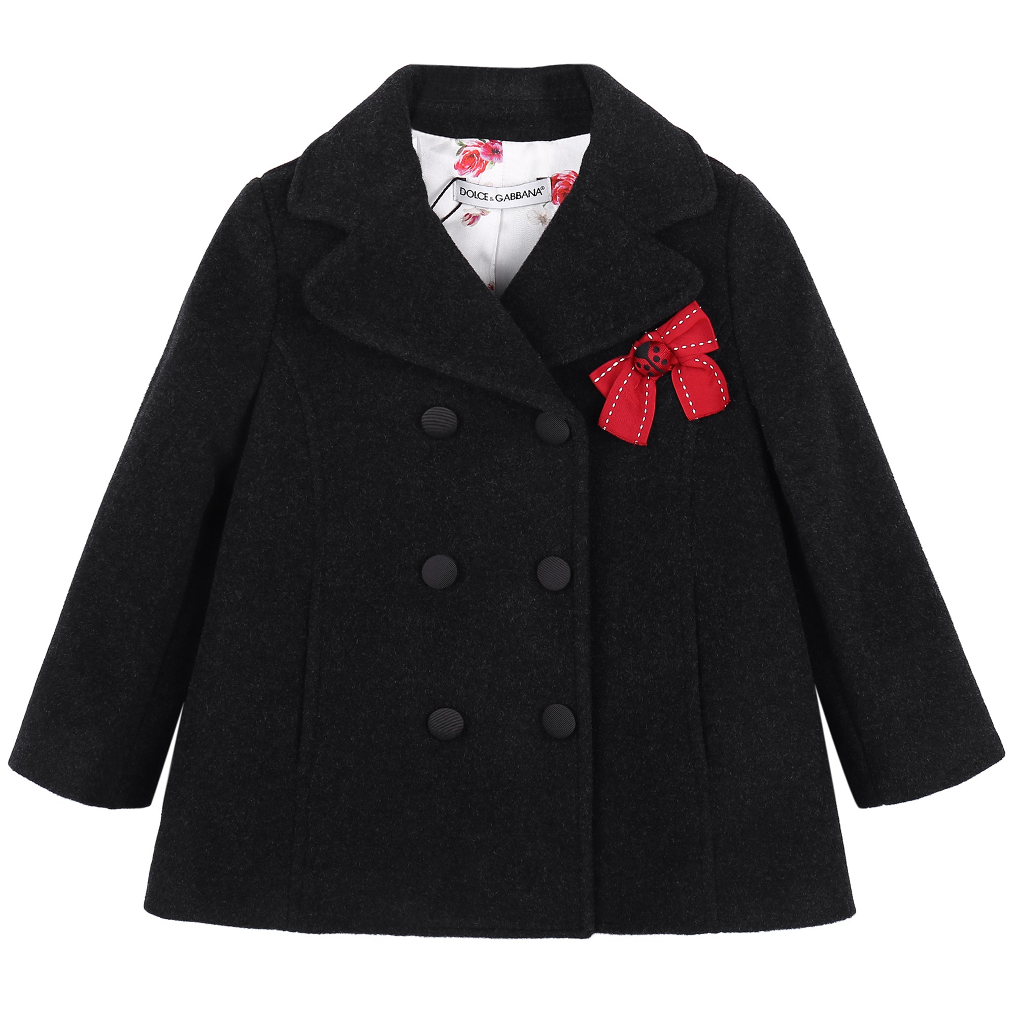 Girls Dark Grey Wool Coat With Red Bow