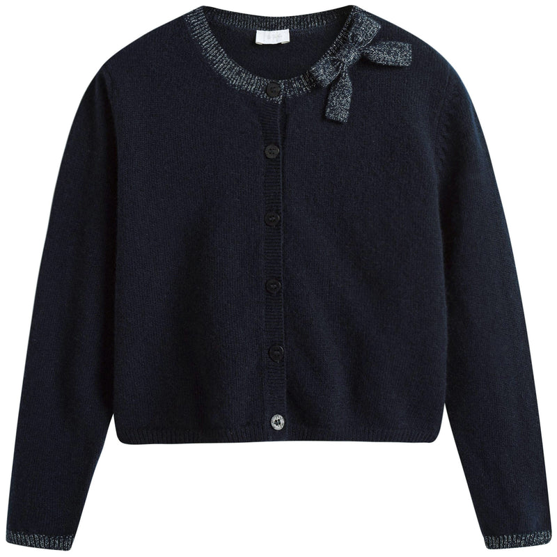 Girls Navy Blue Wool Cardigan With Silver Bow Trims
