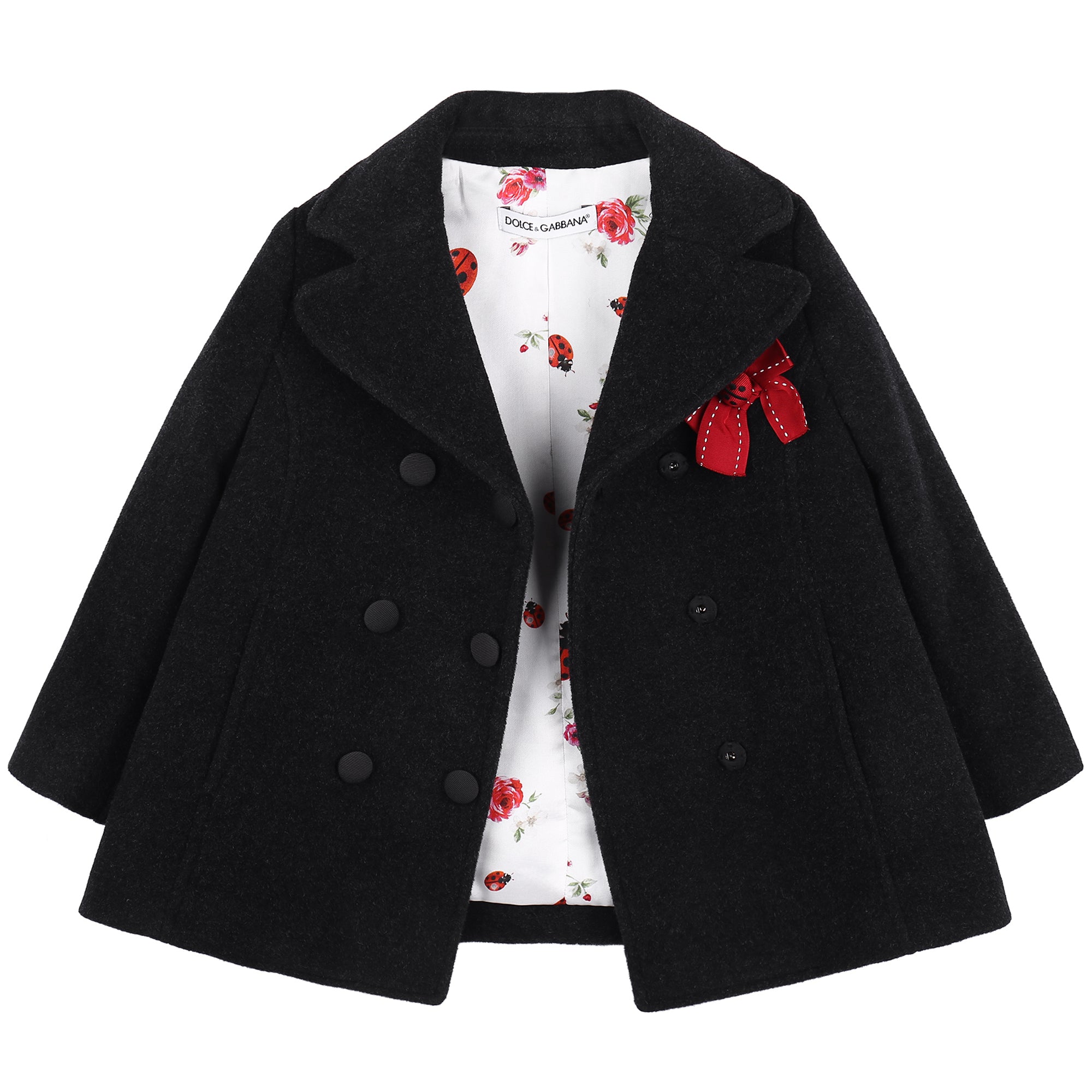 Girls Dark Grey Wool Coat With Red Bow