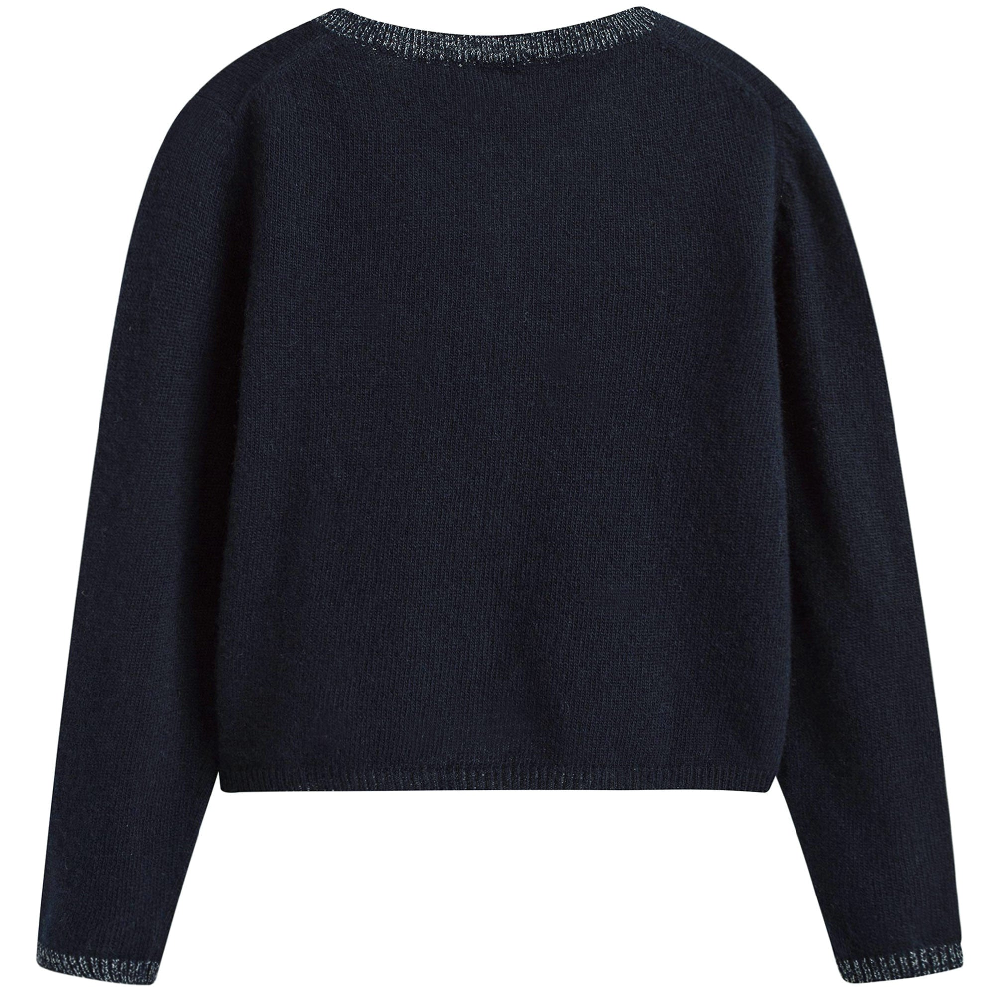 Girls Navy Blue Wool Cardigan With Silver Bow Trims