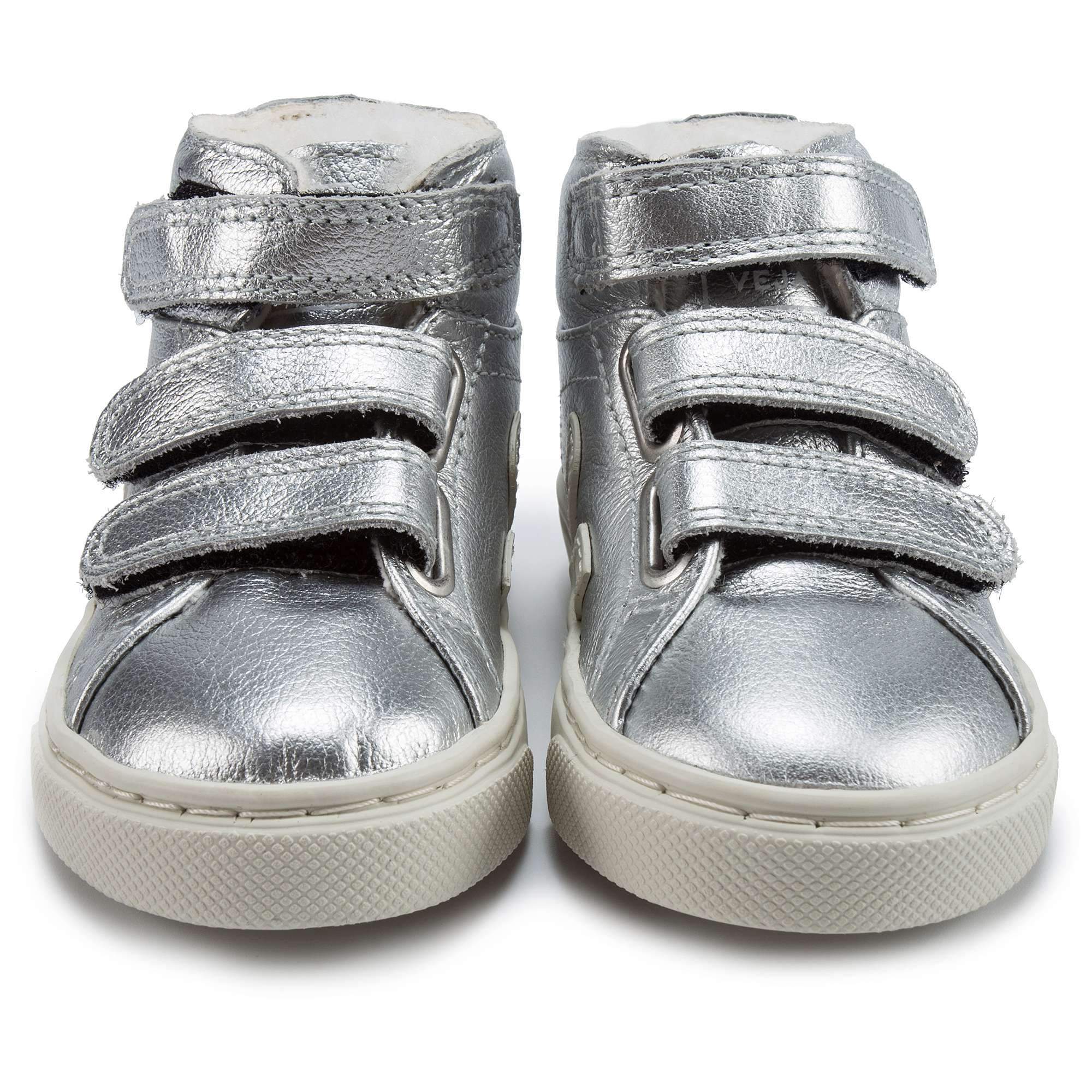 Baby Silver Leather Velcro With White "V" Shoes