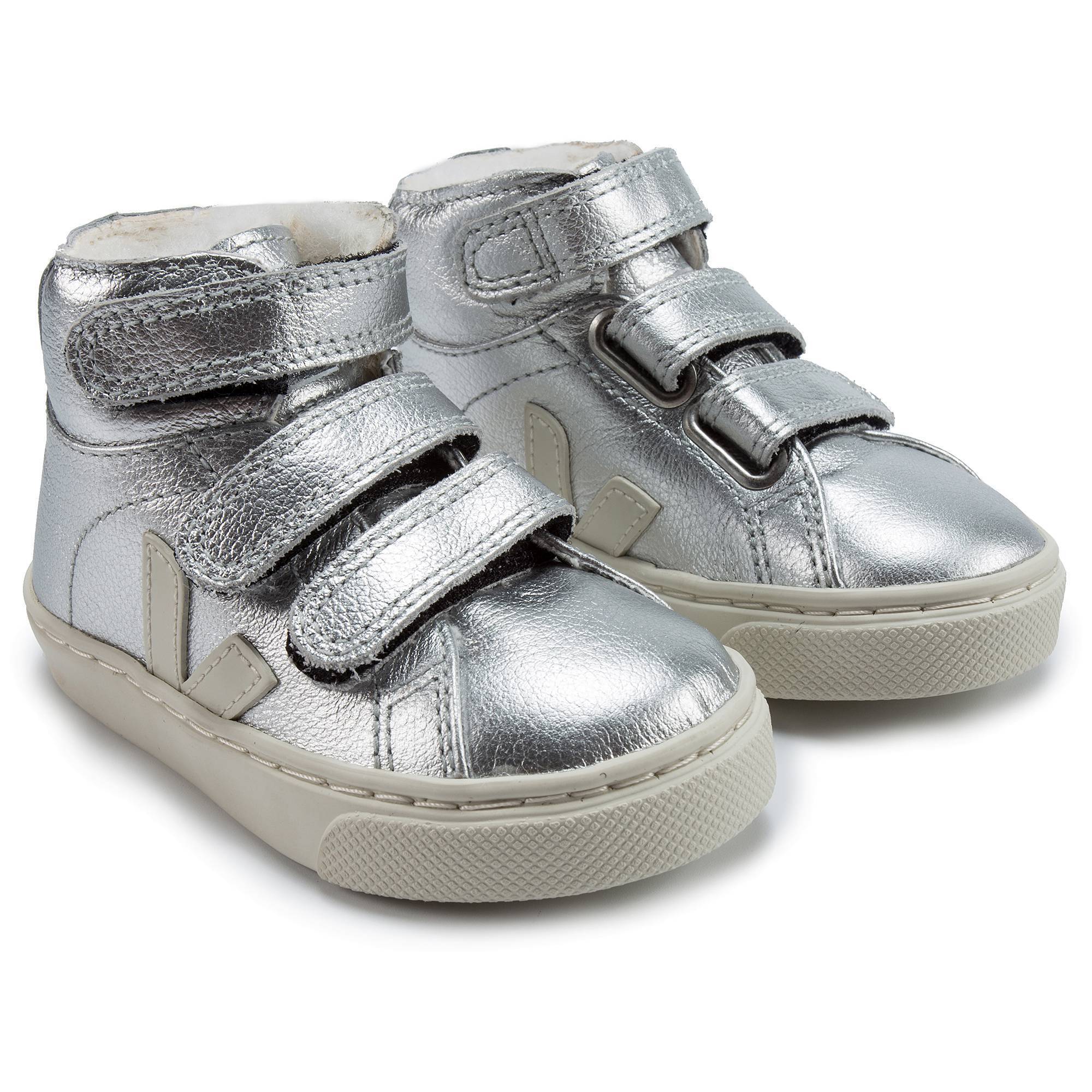 Baby Silver Leather Velcro With White "V" Shoes