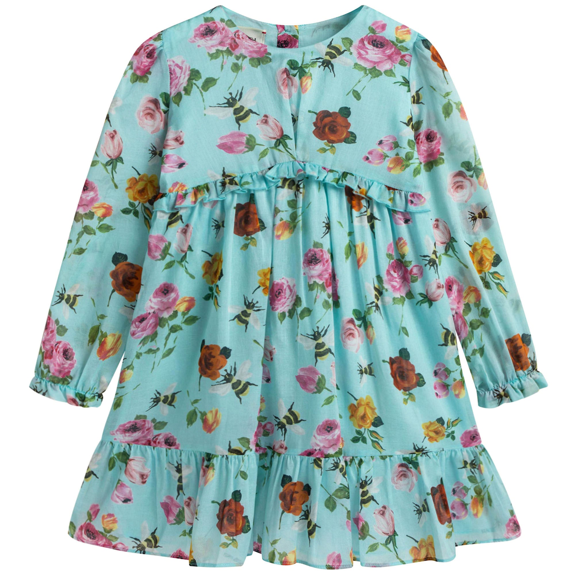 Baby Girls Blue Cotton Dress With Multicolor Flower Print Trims