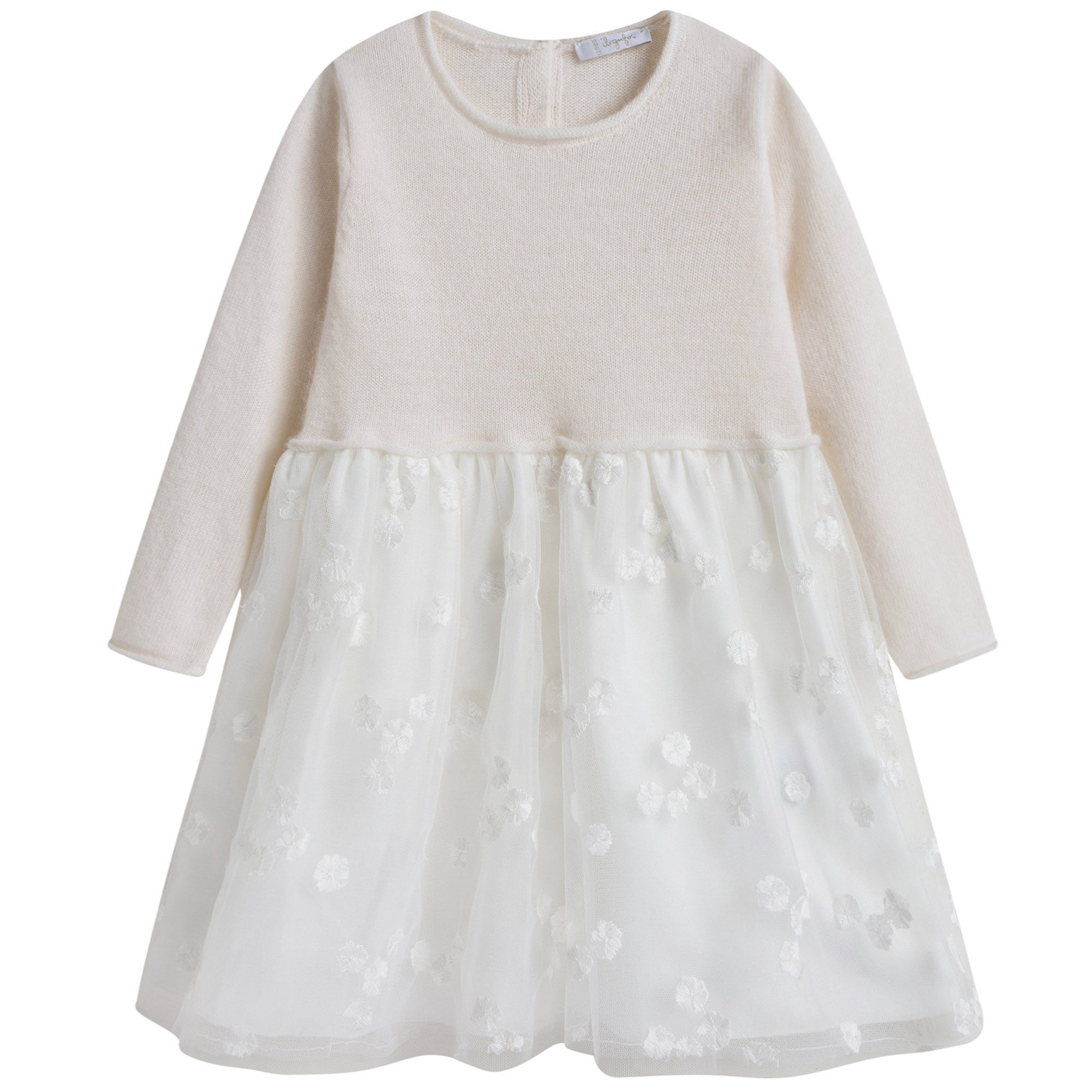 Baby Girls Milk White Wool Dress With White Patch Flower Trims