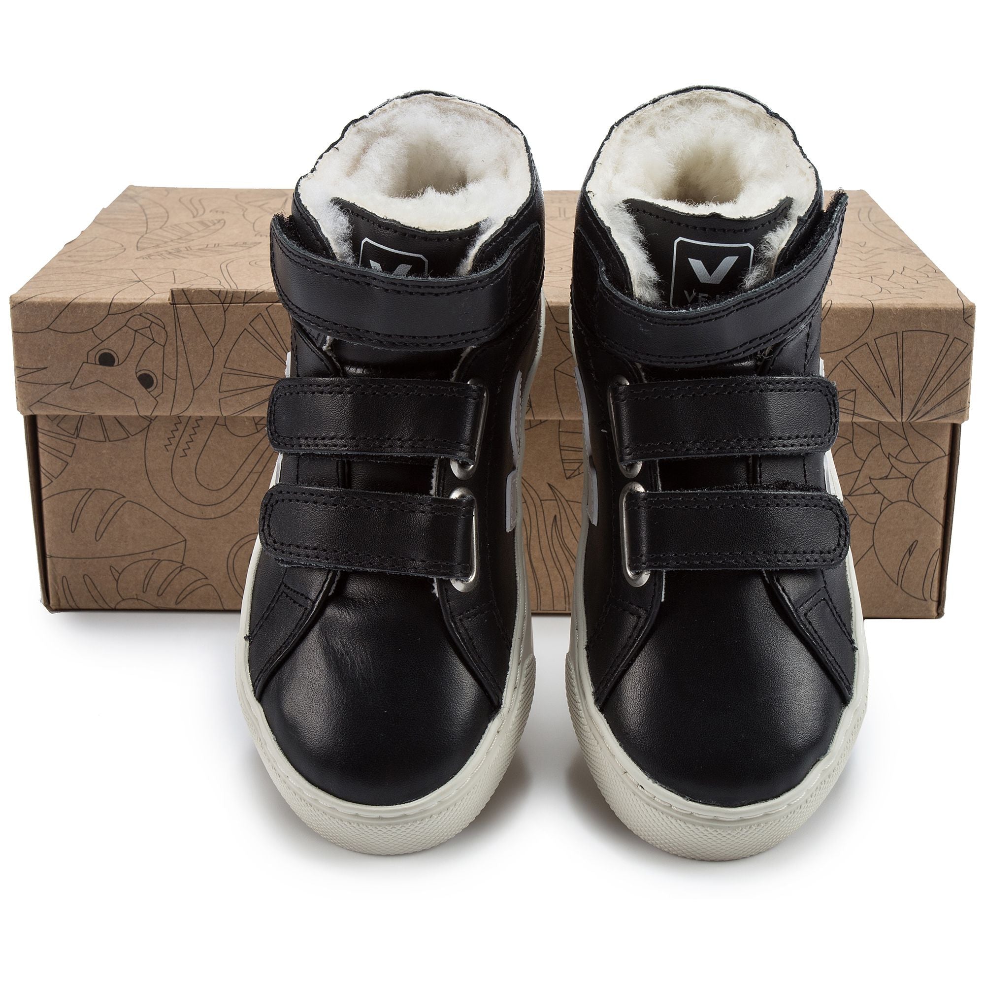 Boys Black Leather Velcro High Top Shoes