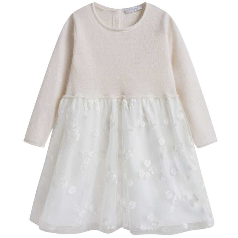 Baby Girls Milk White Wool Dress With White Patch Flower Trims