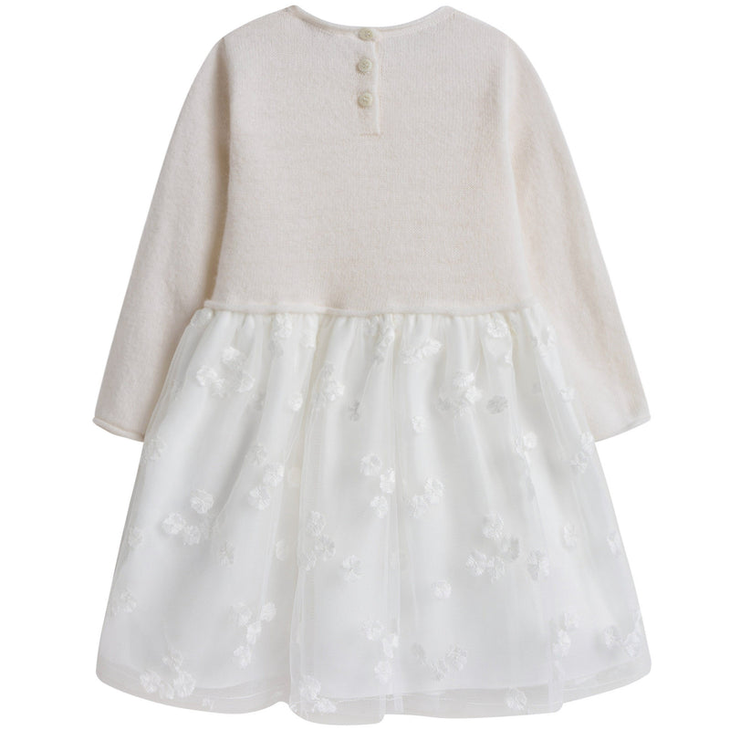 Baby Girls Milk White Wool Dress With White Patch Flower Trims